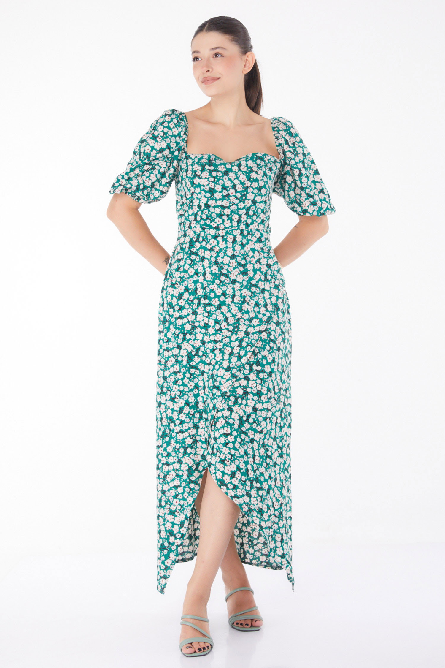 Çiçek Desenli Midi Elbise Zümrüt - 25949 - 1
