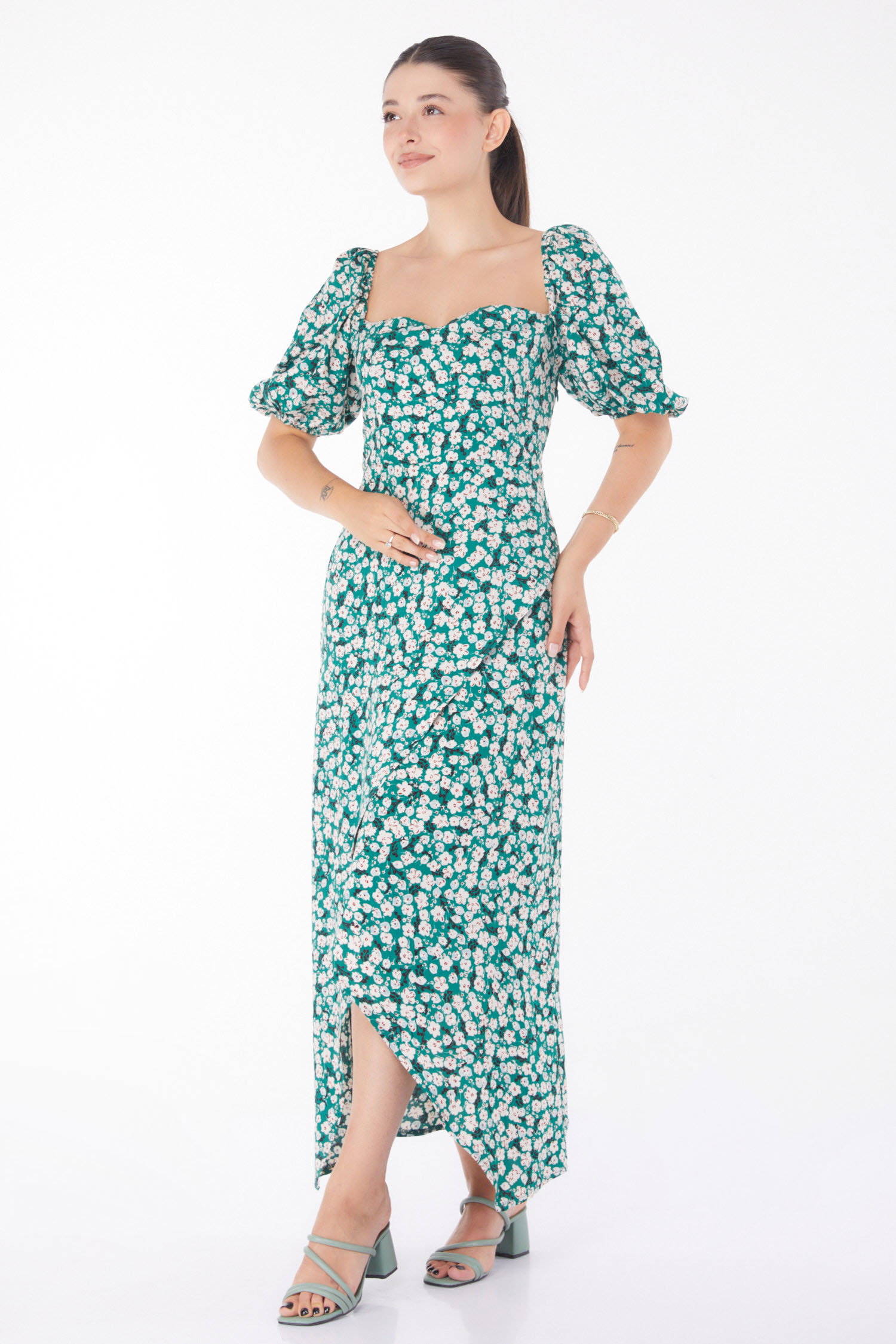 Çiçek Desenli Midi Elbise Zümrüt - 25949 - 2