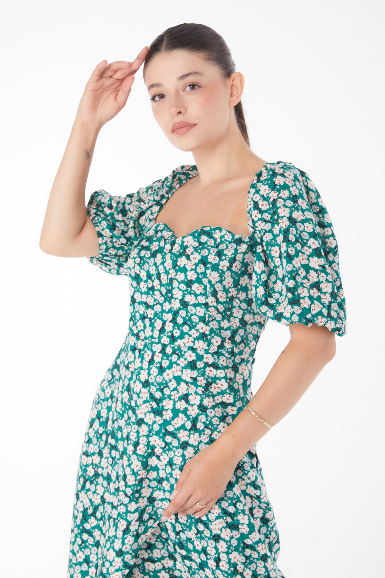 Çiçek Desenli Midi Elbise Zümrüt - 25949 - 3