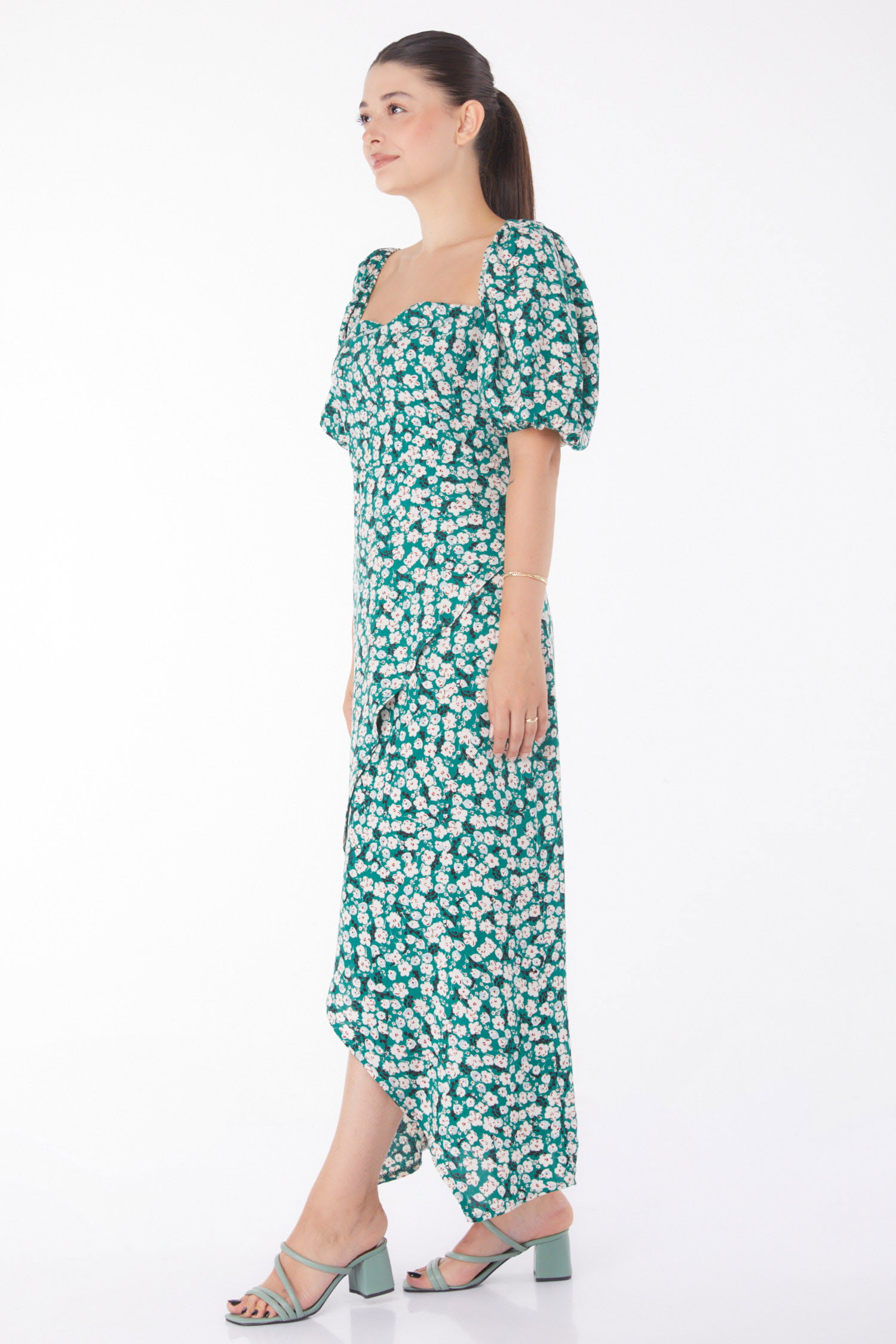 Çiçek Desenli Midi Elbise Zümrüt - 25949 - 4