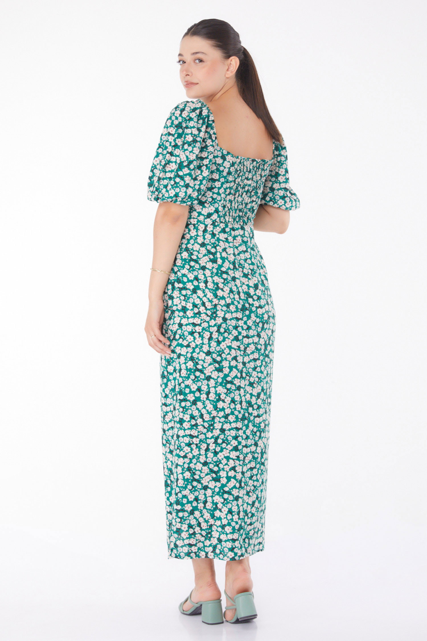 Çiçek Desenli Midi Elbise Zümrüt - 25949 - 5