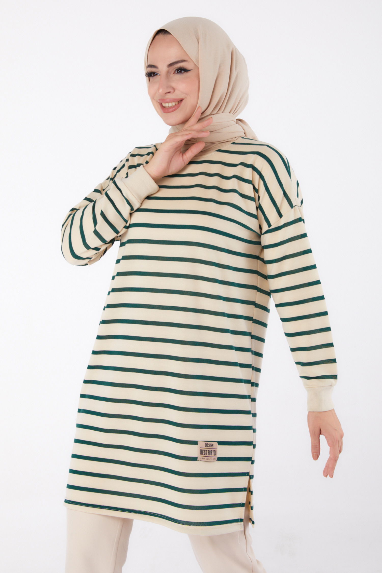 Çizgili Aramalı Tunik Zümrüt - 26458 - 1