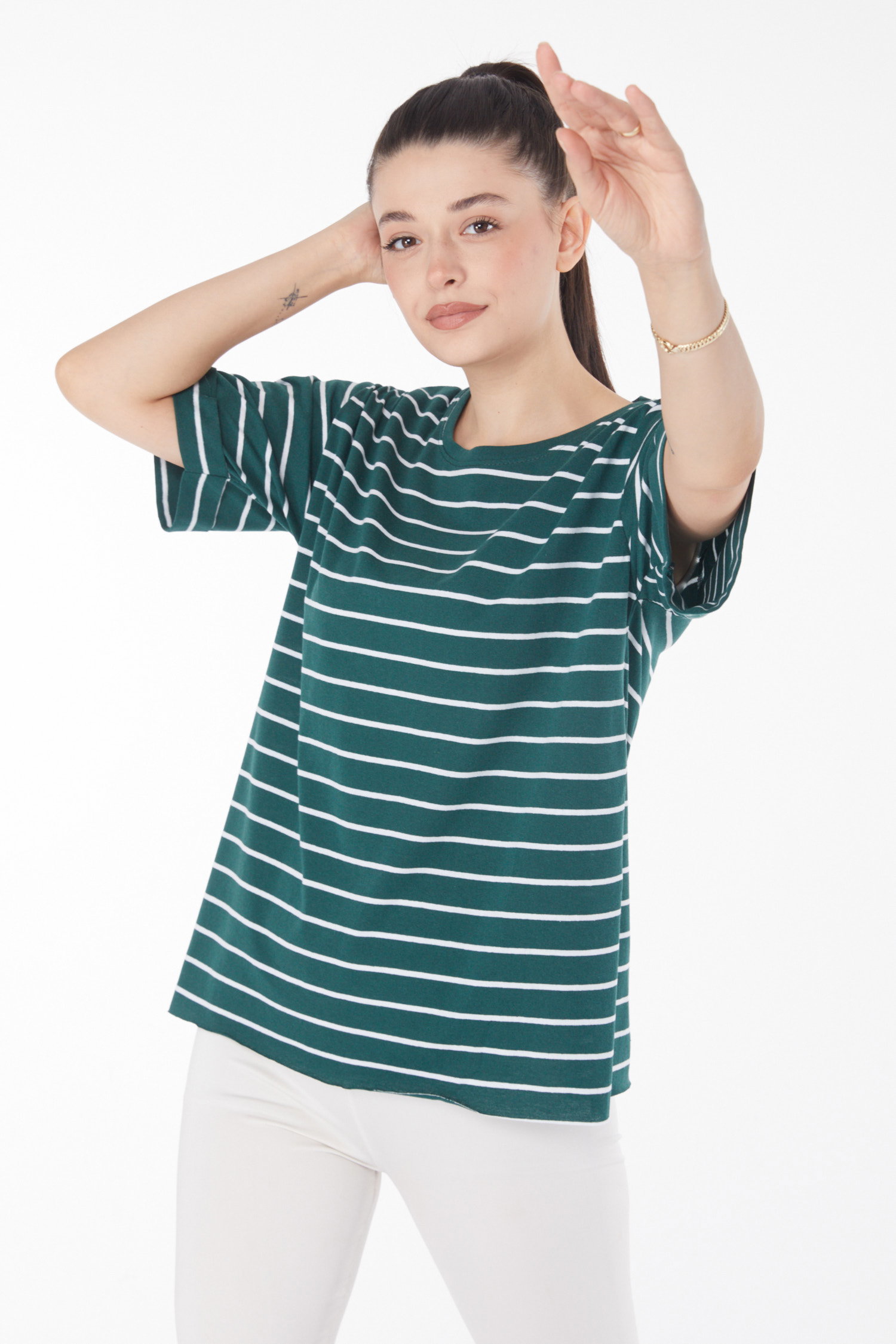 Çizgili Kısa Kollu T-shirt Zümrüt - 25840 - 1