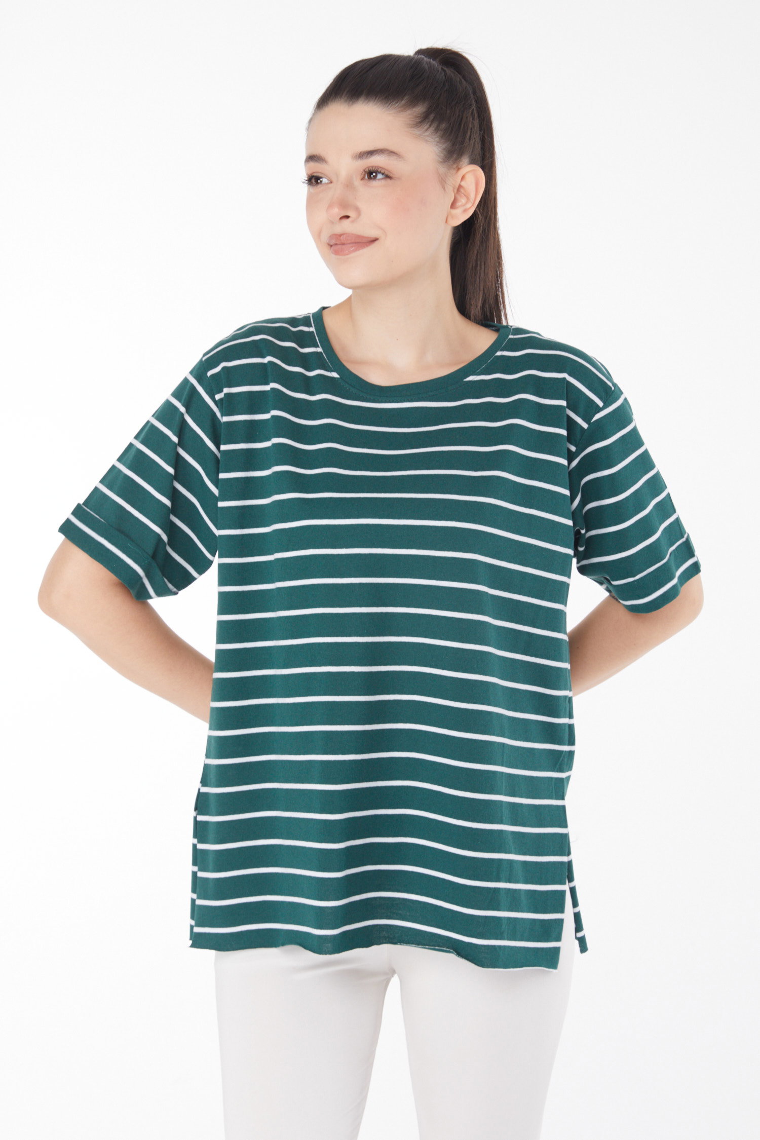 Çizgili Kısa Kollu T-shirt Zümrüt - 25840 - 2
