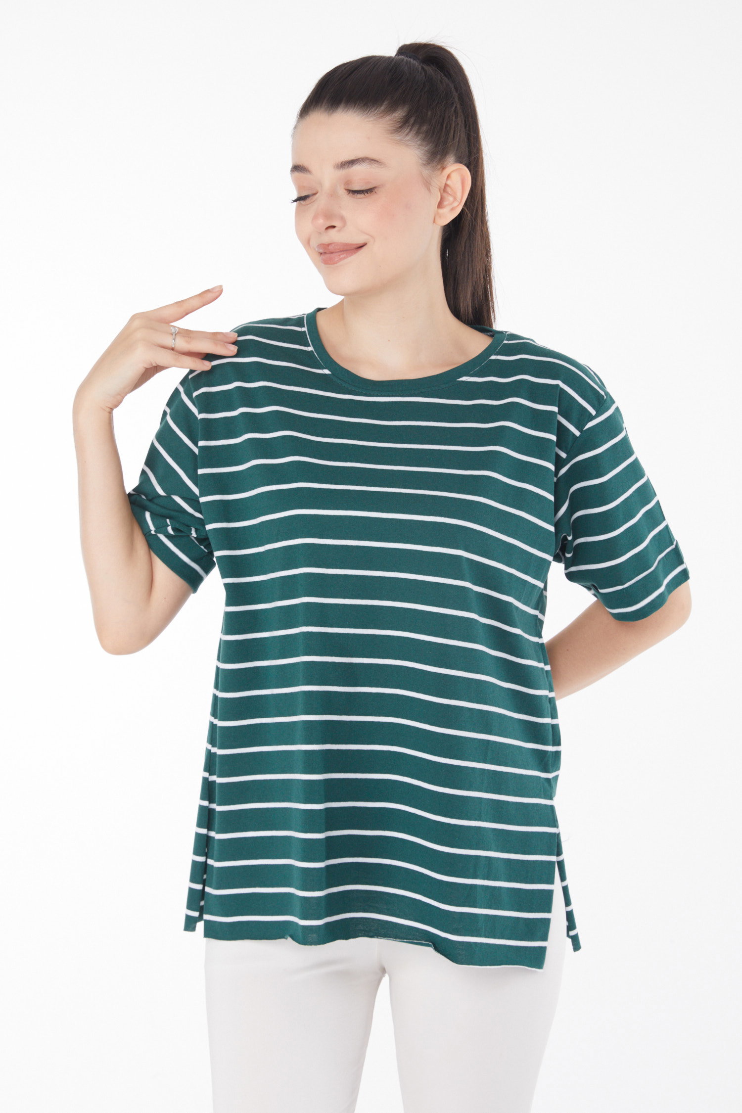 Çizgili Kısa Kollu T-shirt Zümrüt - 25840 - 3