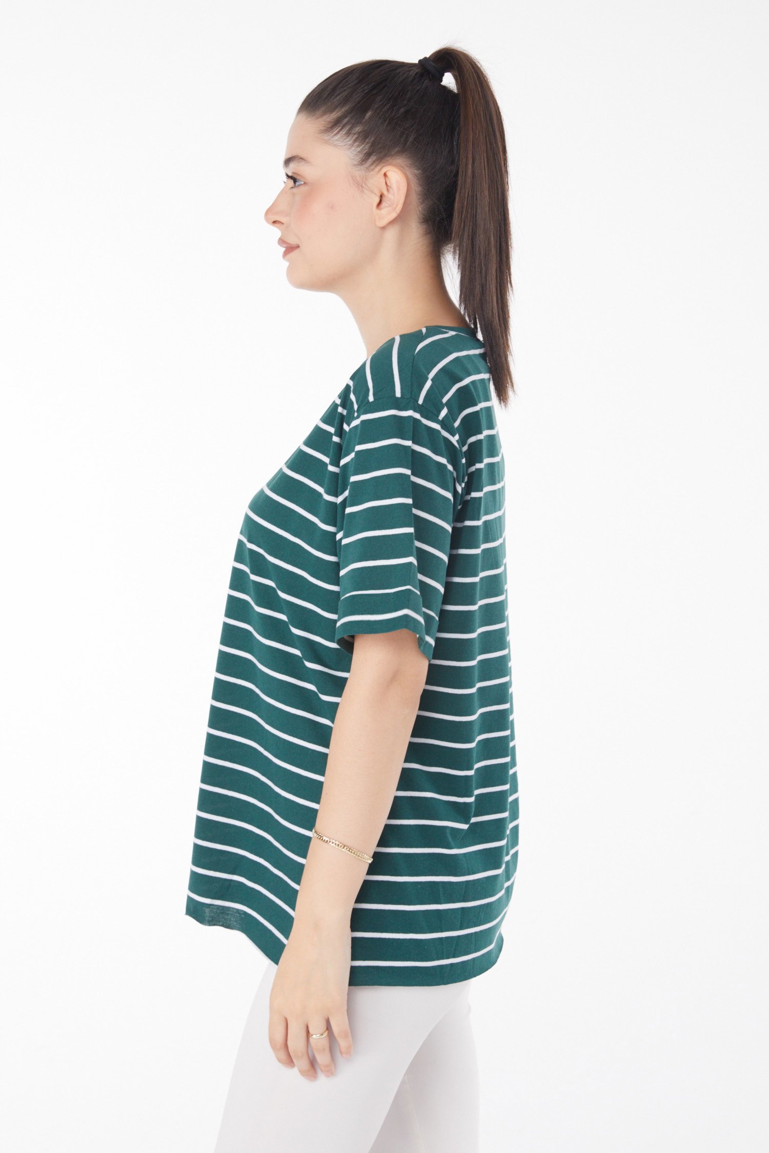 Çizgili Kısa Kollu T-shirt Zümrüt - 25840 - 4