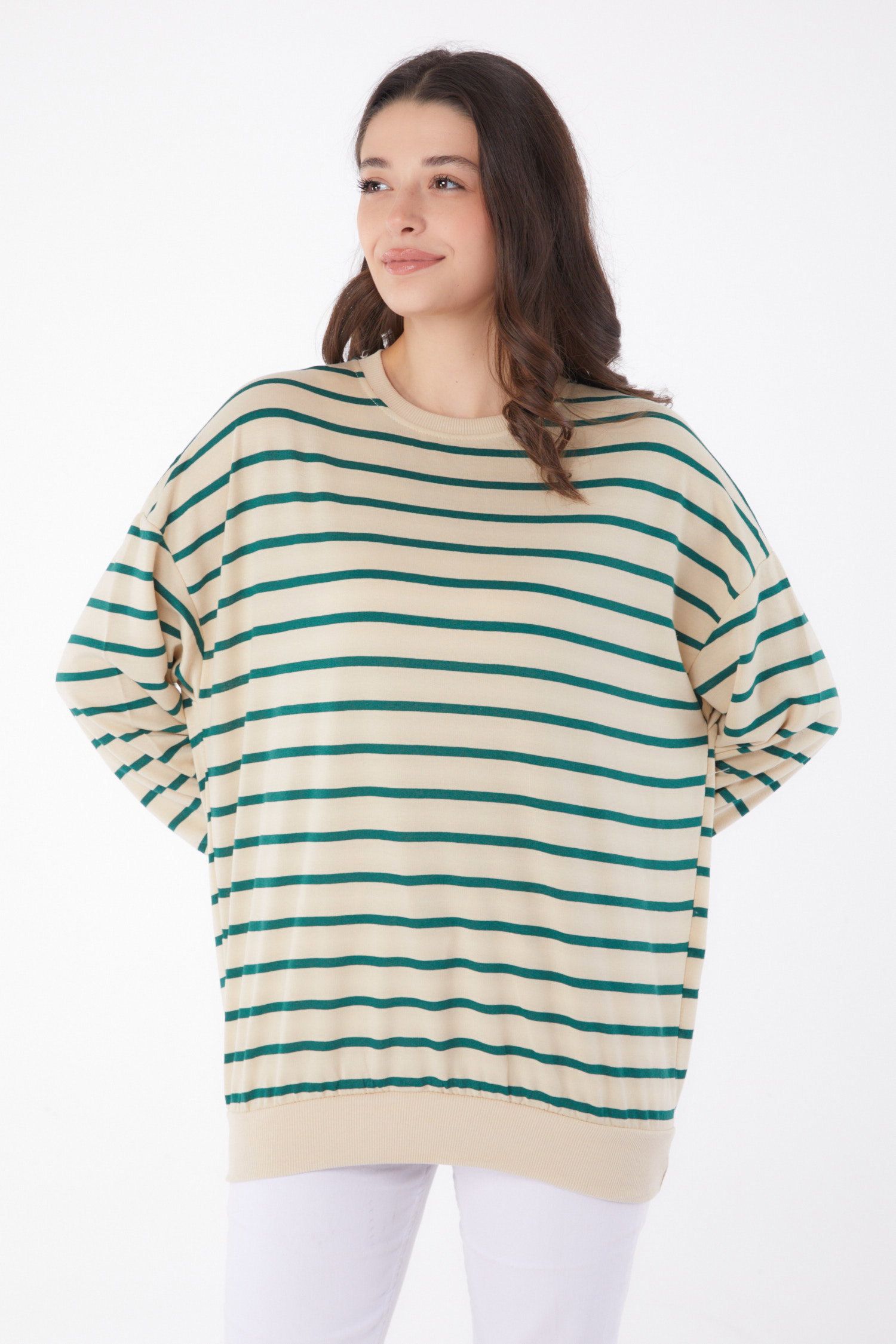 Düz Bisiklet Yaka Kadın Zümrüt Çizgili Sweatshirt - 26048 - 1