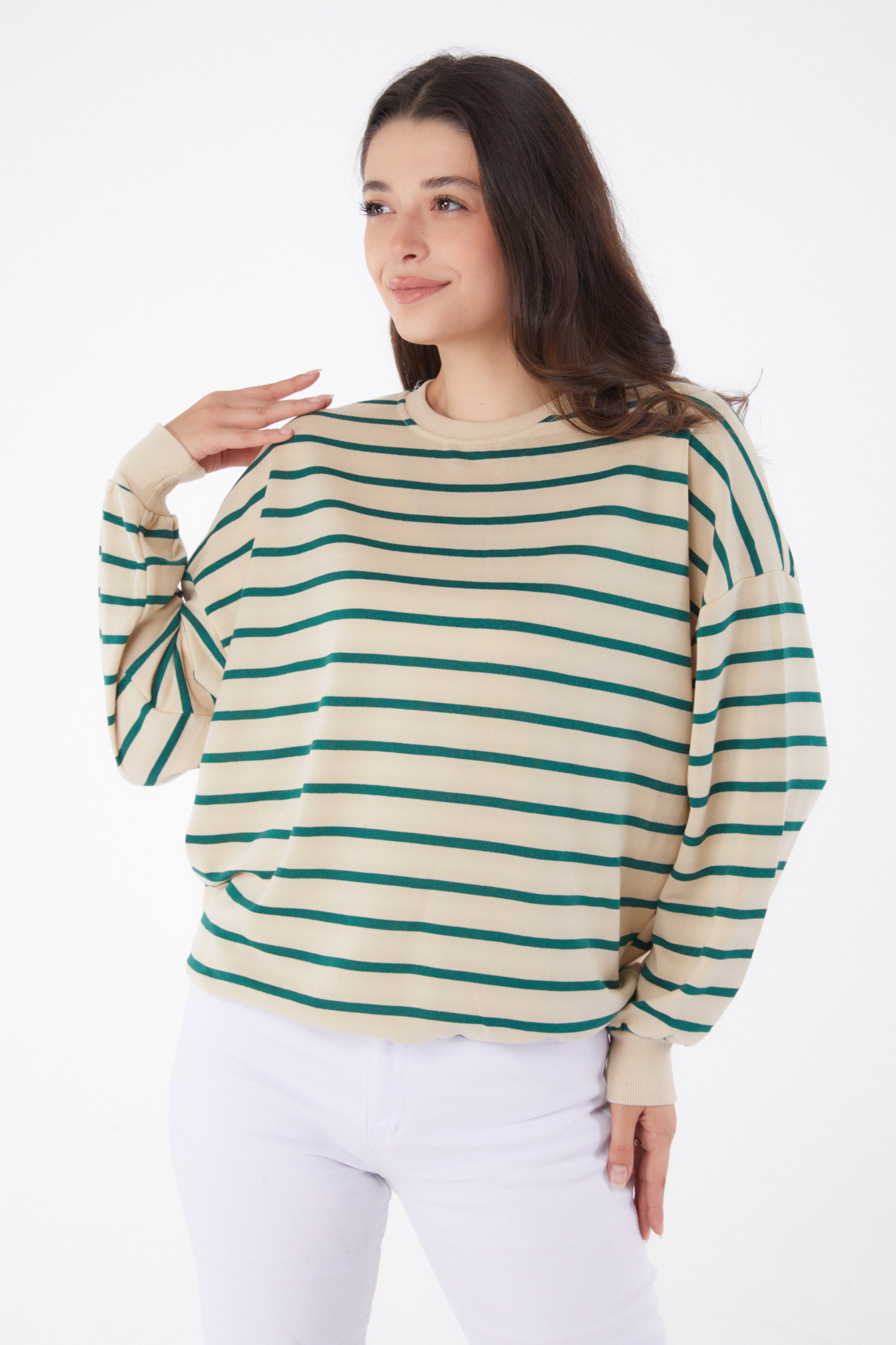 Düz Bisiklet Yaka Kadın Zümrüt Çizgili Sweatshirt - 26048 - 2