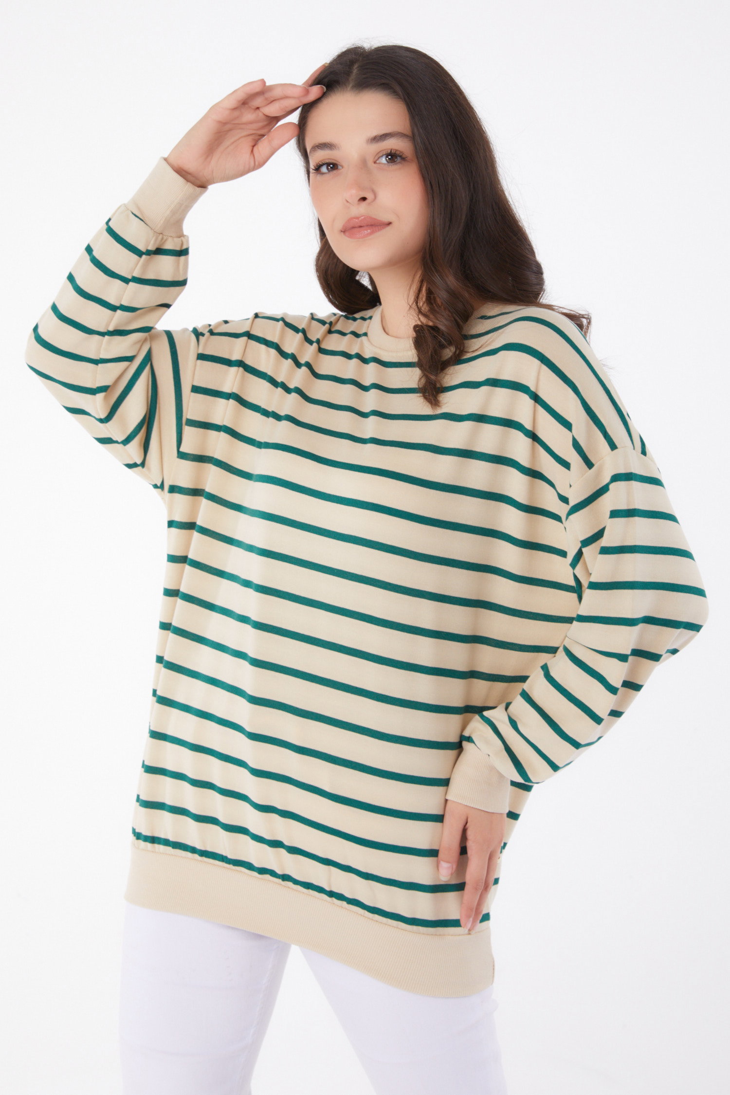 Düz Bisiklet Yaka Kadın Zümrüt Çizgili Sweatshirt - 26048 - 3