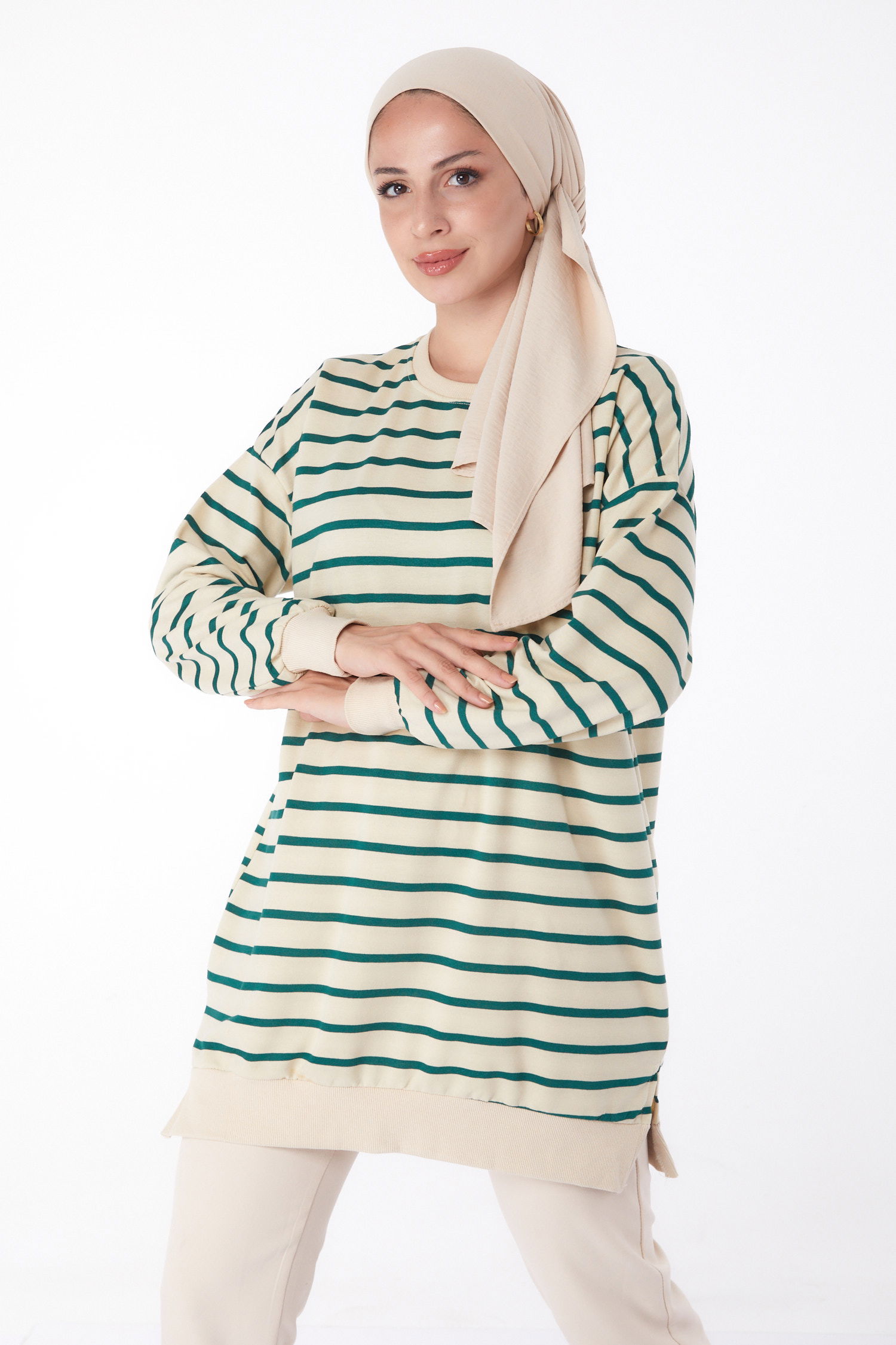 Çizgili Sweatshirt Zümrüt - 26137 - 2