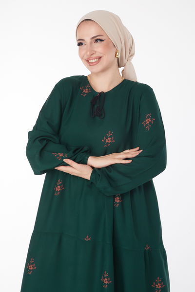 Düz Bisiklet Yaka Kadın Zümrüt Desenli Elbise - 25898 