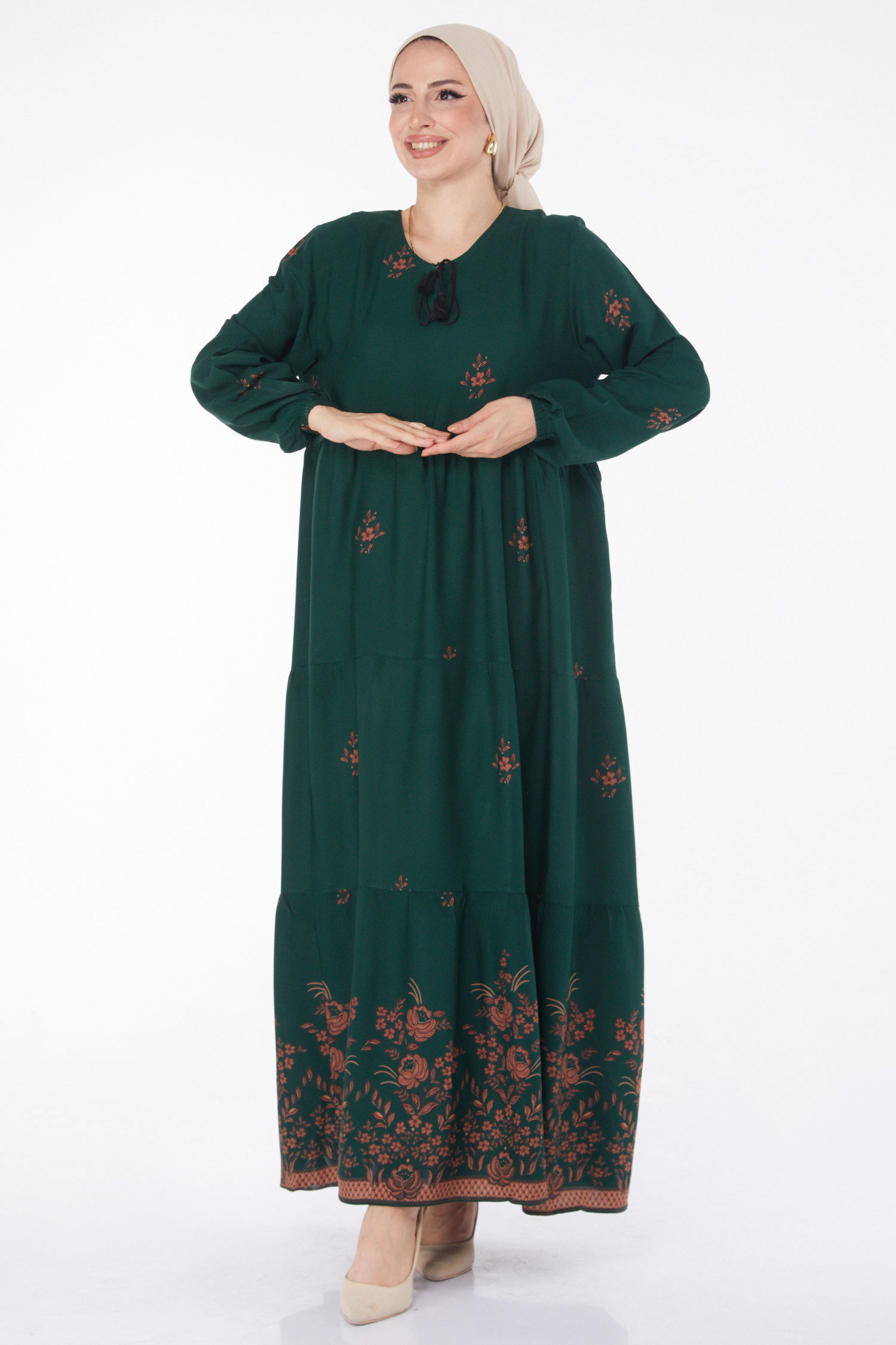 Düz Bisiklet Yaka Kadın Zümrüt Desenli Elbise - 25898 - 2