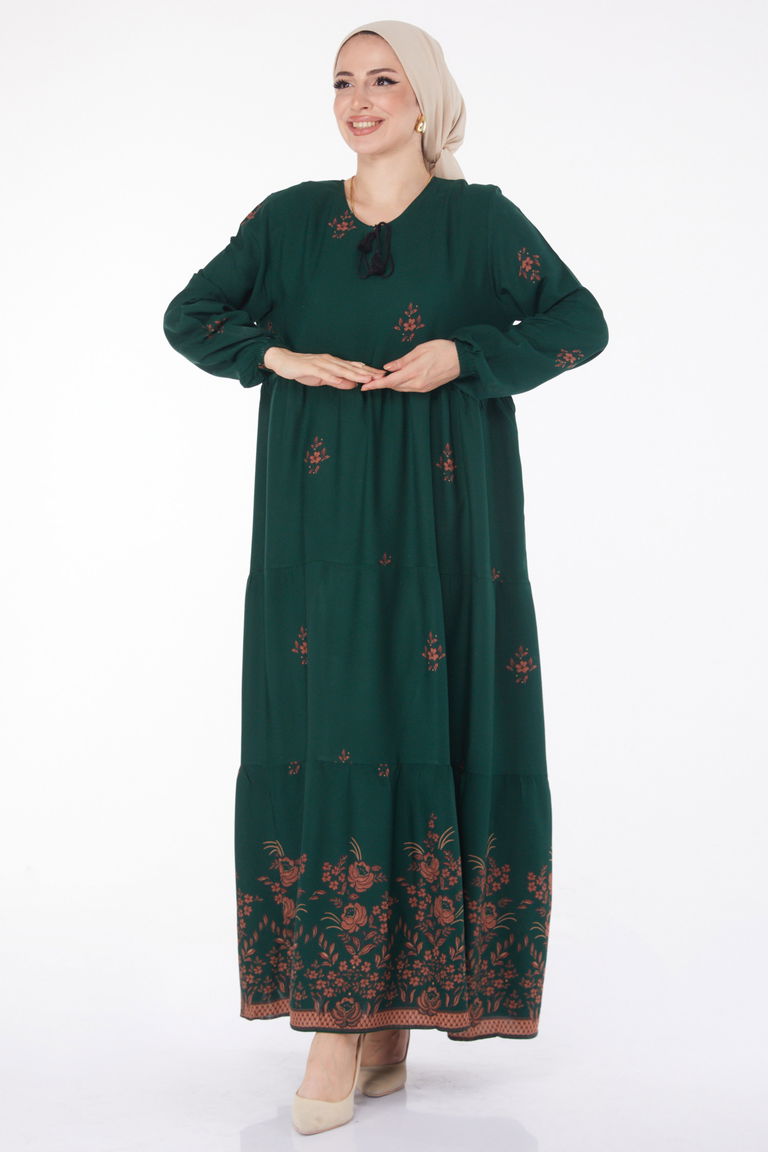 Düz Bisiklet Yaka Kadın Zümrüt Desenli Elbise - 25898 - TOFİSA