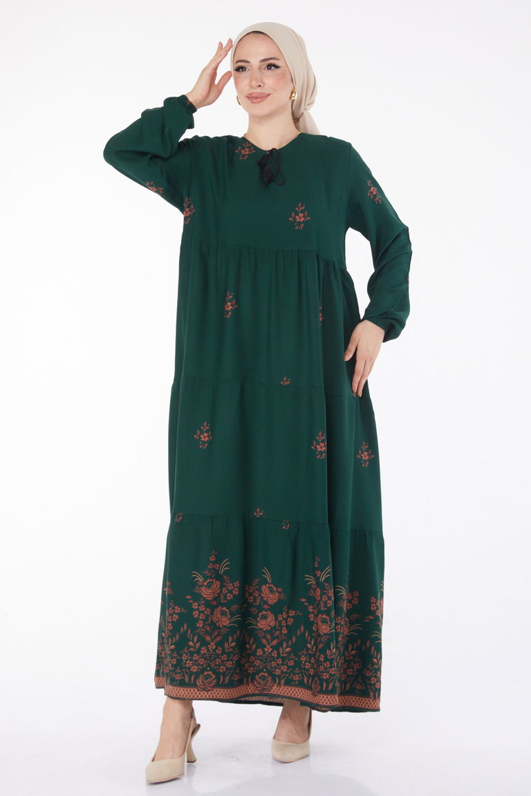 Düz Bisiklet Yaka Kadın Zümrüt Desenli Elbise - 25898 - TOFİSA