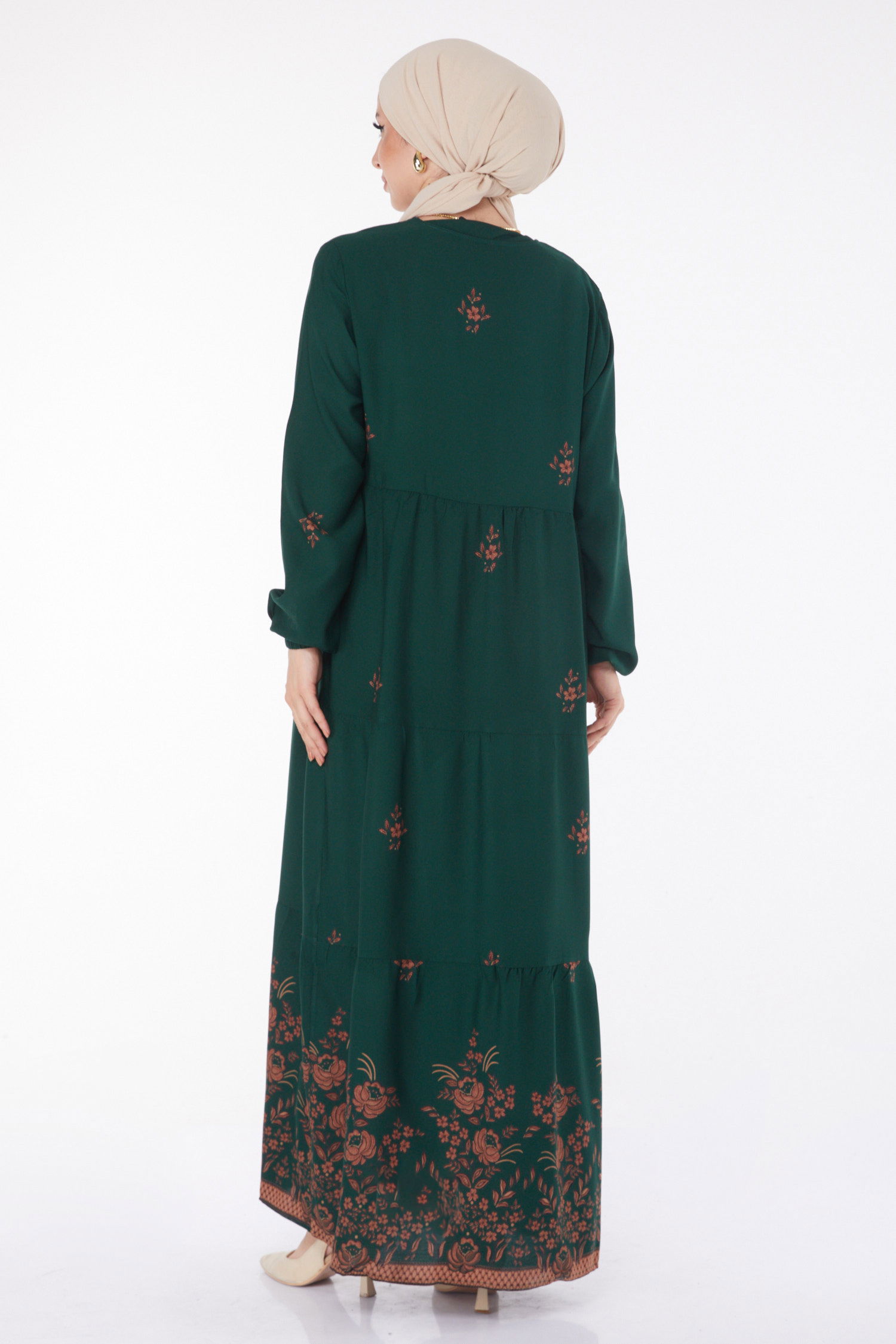 Düz Bisiklet Yaka Kadın Zümrüt Desenli Elbise - 25898 - 5