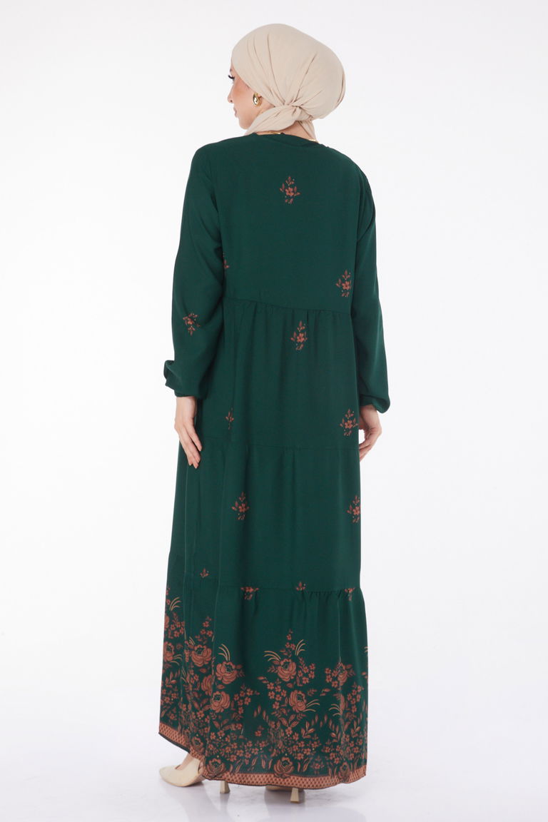 Düz Bisiklet Yaka Kadın Zümrüt Desenli Elbise - 25898 - TOFİSA