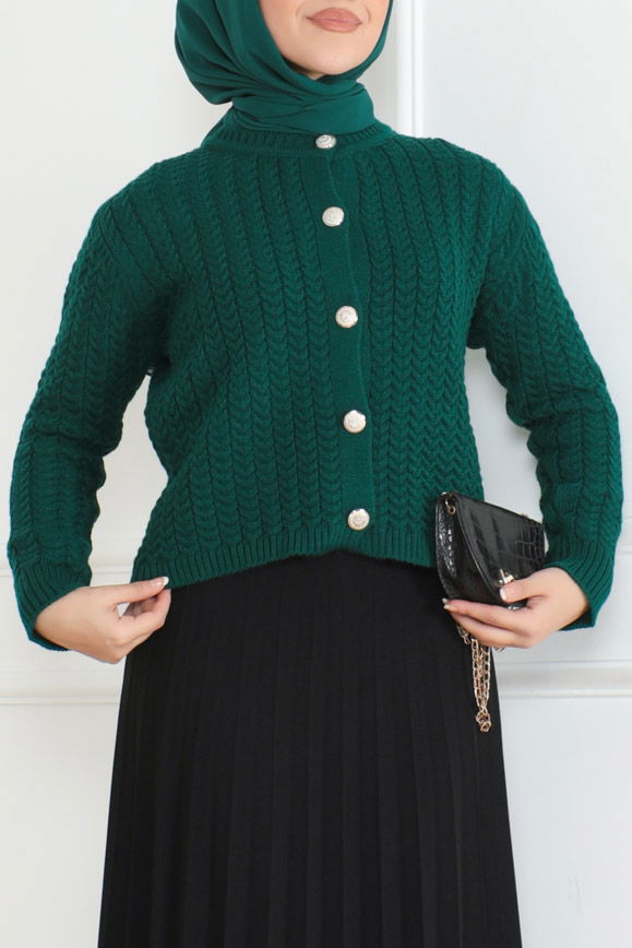 Düz Bisiklet Yaka Kadın Zumrut Düğmeli Triko Ceket - 26643 - 1