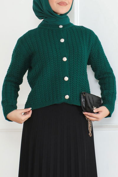 Düz Bisiklet Yaka Kadın Zumrut Düğmeli Triko Ceket - 26643 