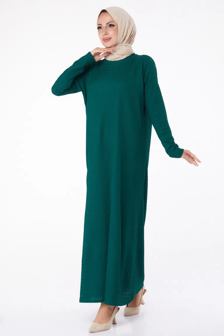 Düz Bisiklet Yaka Kadın Zümrüt Elbise - 26280 - TOFİSA