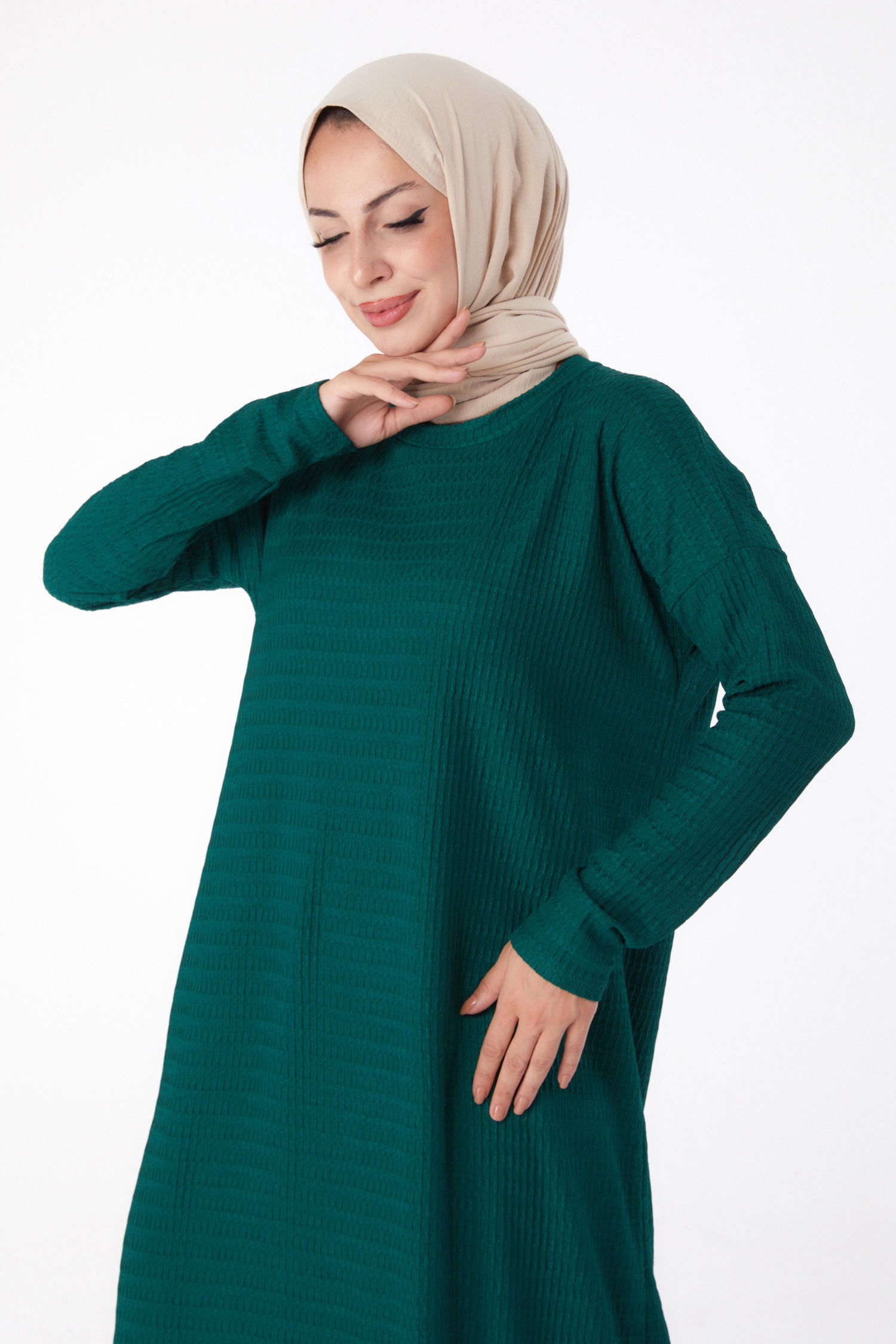 Düz Bisiklet Yaka Kadın Zümrüt Elbise - 26280 - 3