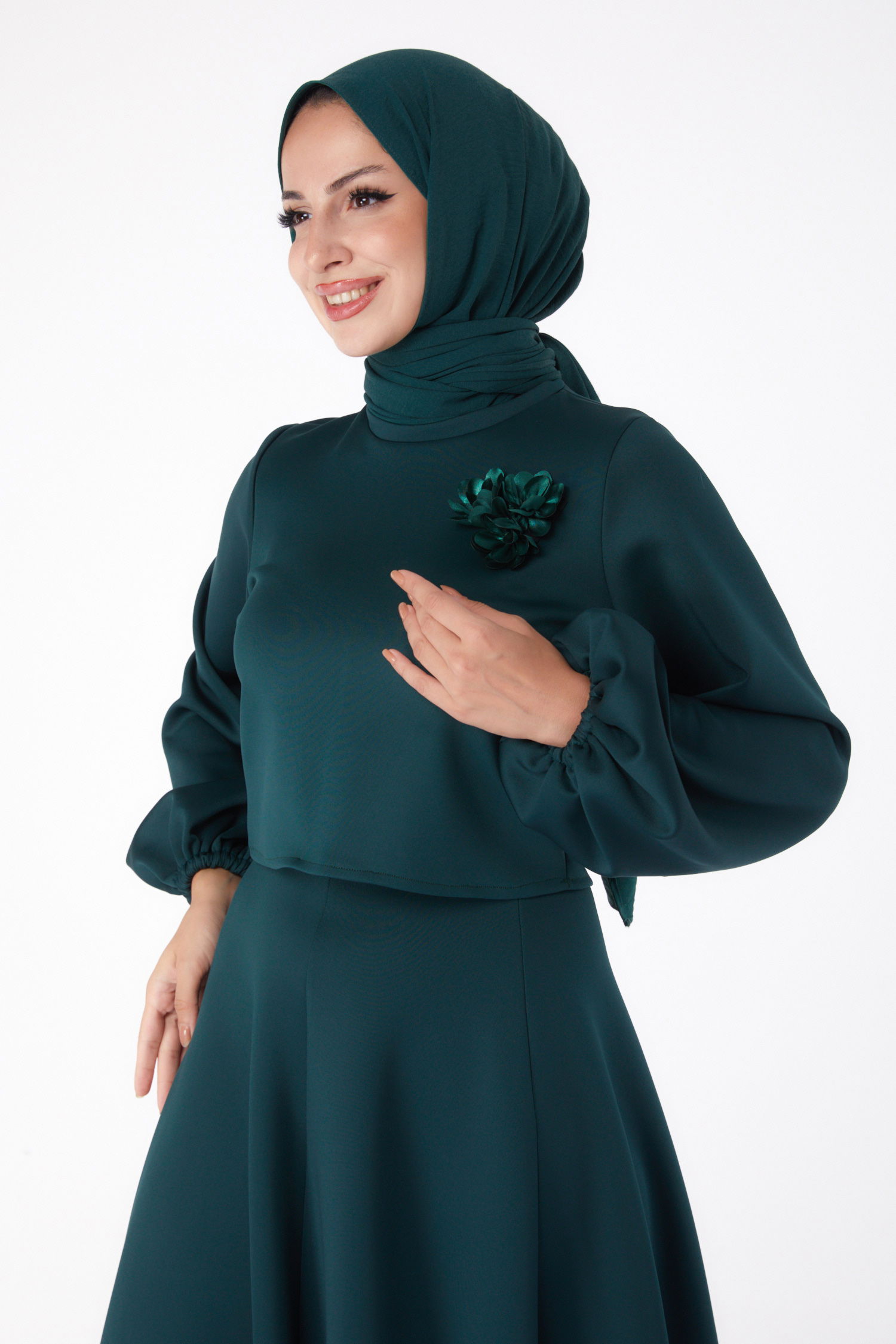 Düz Bisiklet Yaka Kadın Zümrüt Etek + Bluz - 24066 - 3