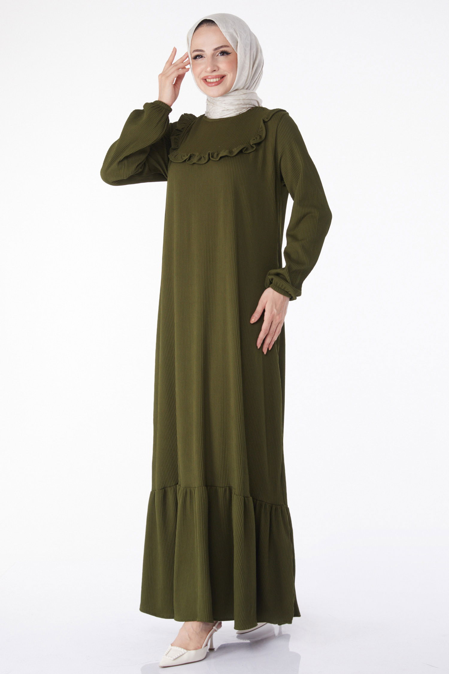 Düz Bisiklet Yaka Kadın Zümrüt Fırfırlı Elbise - 25056 - 1