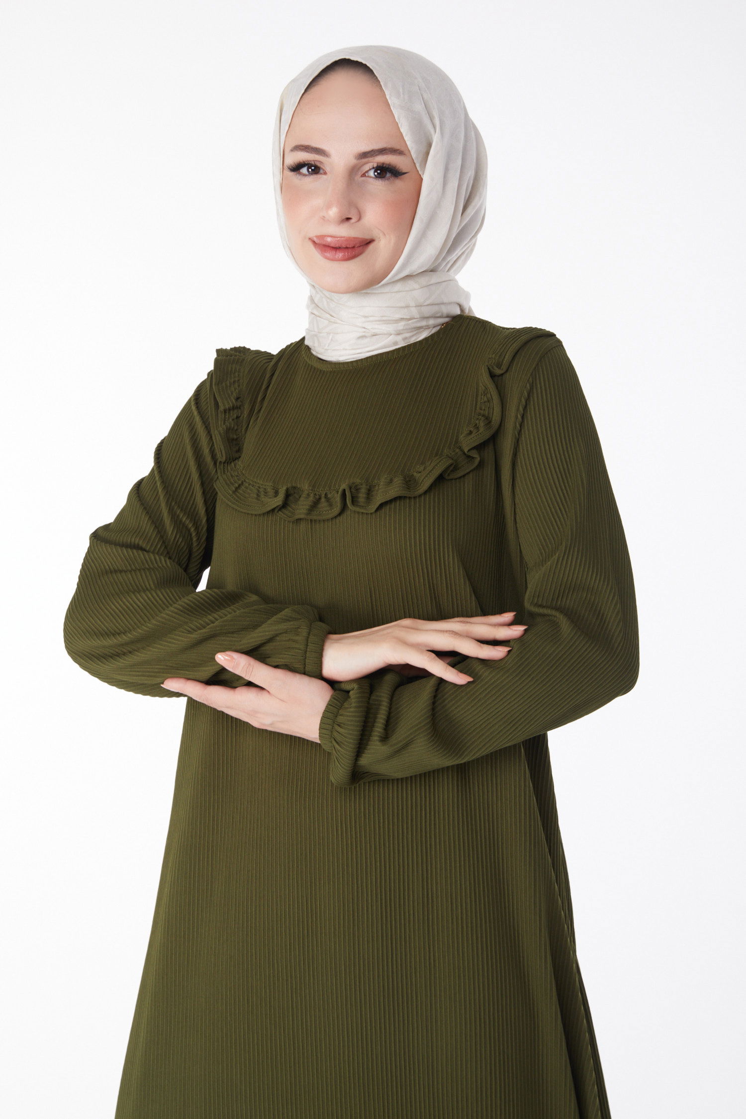 Düz Bisiklet Yaka Kadın Zümrüt Fırfırlı Elbise - 25056 - 2