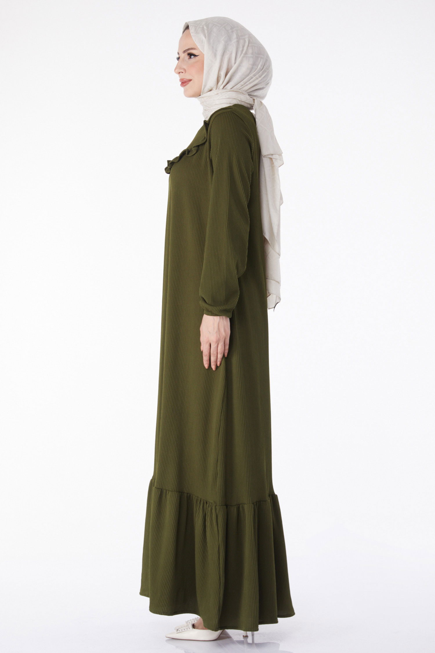 Düz Bisiklet Yaka Kadın Zümrüt Fırfırlı Elbise - 25056 - 3