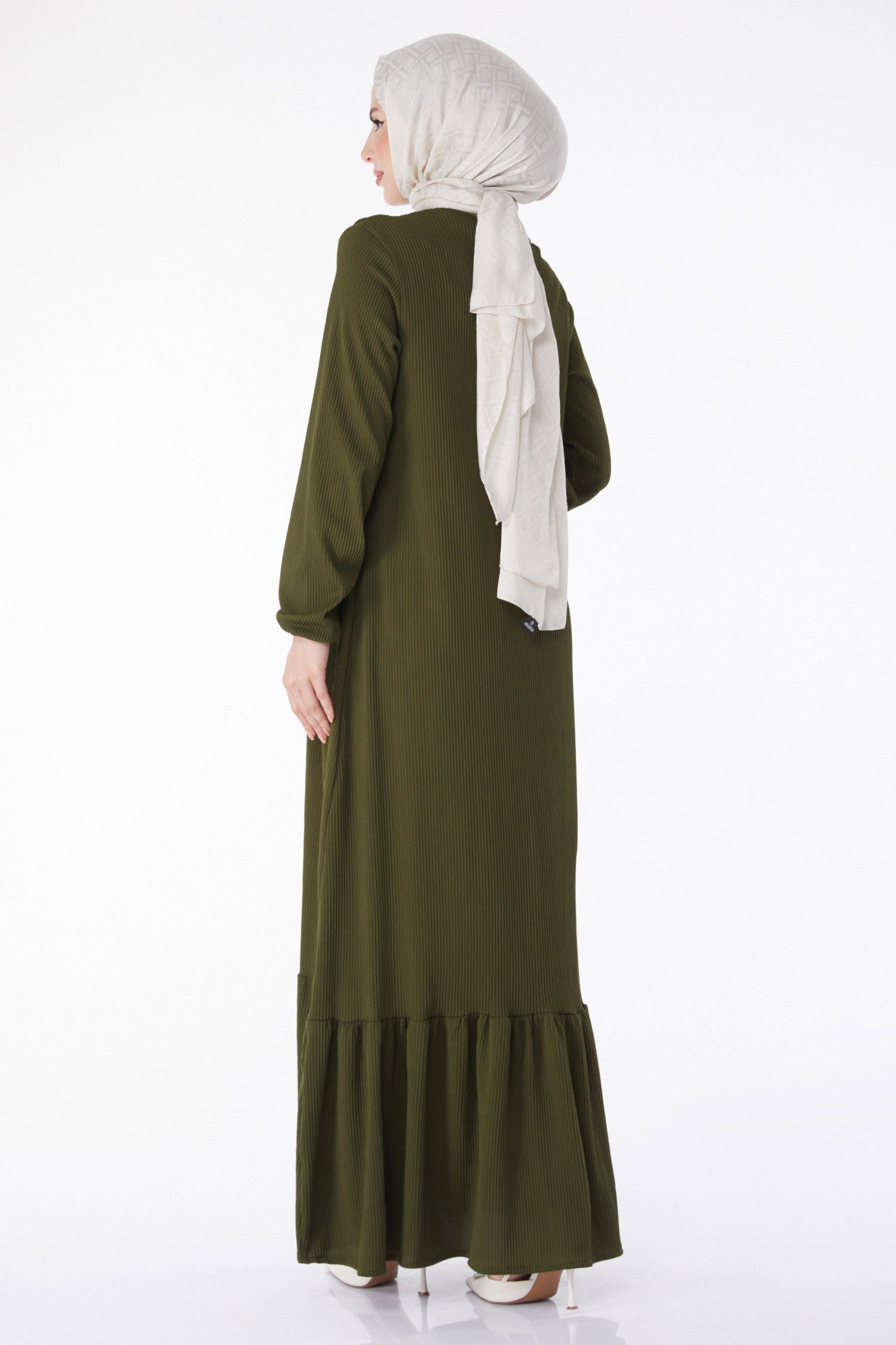 Düz Bisiklet Yaka Kadın Zümrüt Fırfırlı Elbise - 25056 - 4