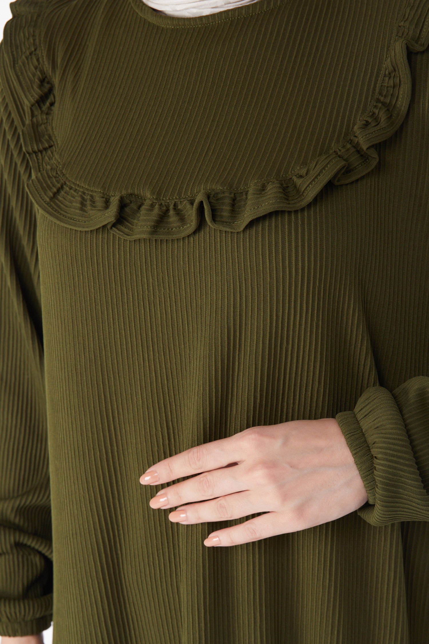 Düz Bisiklet Yaka Kadın Zümrüt Fırfırlı Elbise - 25056 - 5