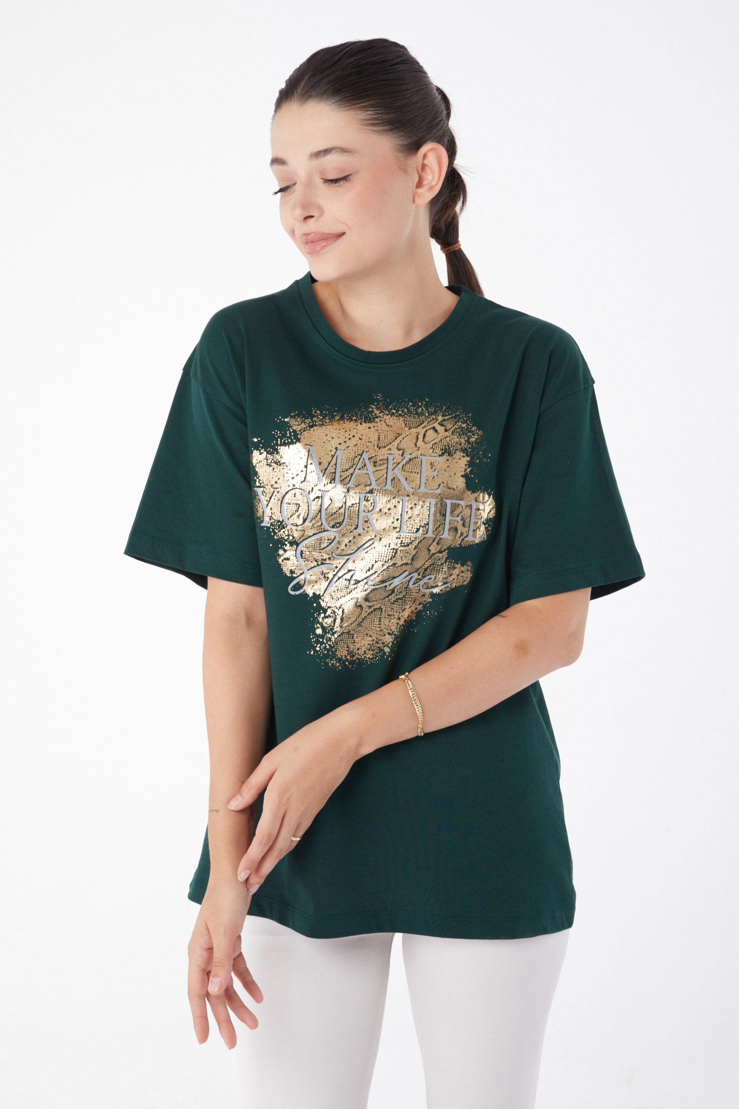 Düz Bisiklet Yaka Kadın Zümrüt Kısa Kollu Baskılı T-shirt - 25980 - 1