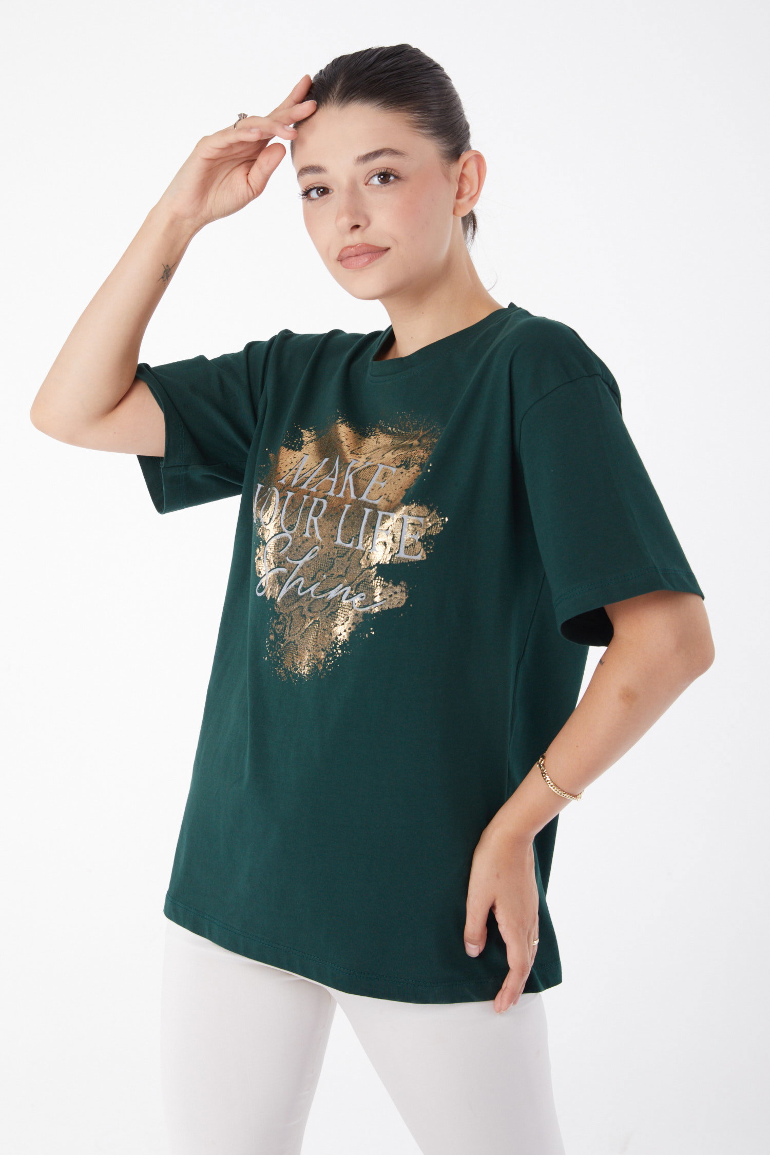 Düz Bisiklet Yaka Kadın Zümrüt Kısa Kollu Baskılı T-shirt - 25980 - 2