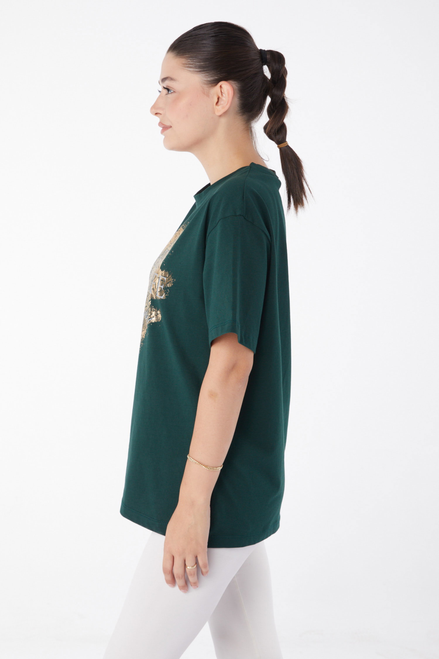 Düz Bisiklet Yaka Kadın Zümrüt Kısa Kollu Baskılı T-shirt - 25980 - 3