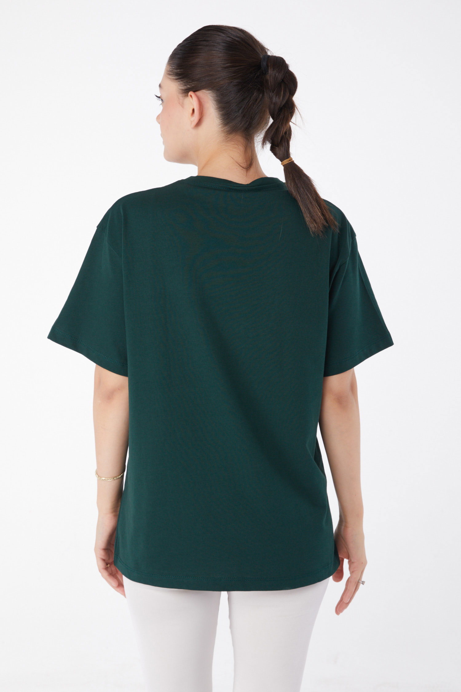 Düz Bisiklet Yaka Kadın Zümrüt Kısa Kollu Baskılı T-shirt - 25980 - 4