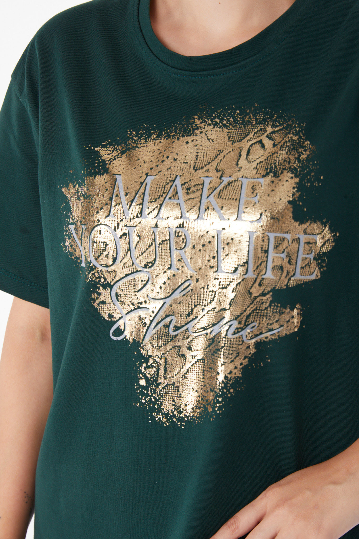 Düz Bisiklet Yaka Kadın Zümrüt Kısa Kollu Baskılı T-shirt - 25980 - 5