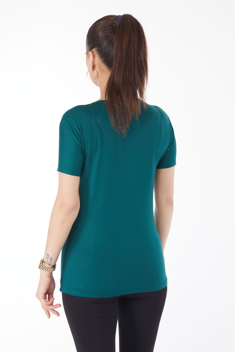 Düz Bisiklet Yaka Kadın Zümrüt Kısa Kollu Baskısız T-shirt - 24764 - TOFİSA