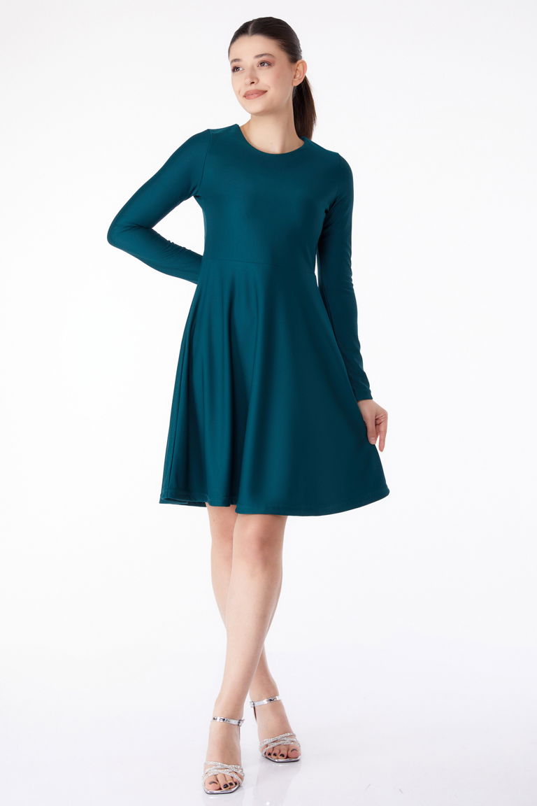 Düz Bisiklet Yaka Kadın Zümrüt Mini Abiye Elbise - 13191 - TOFİSA