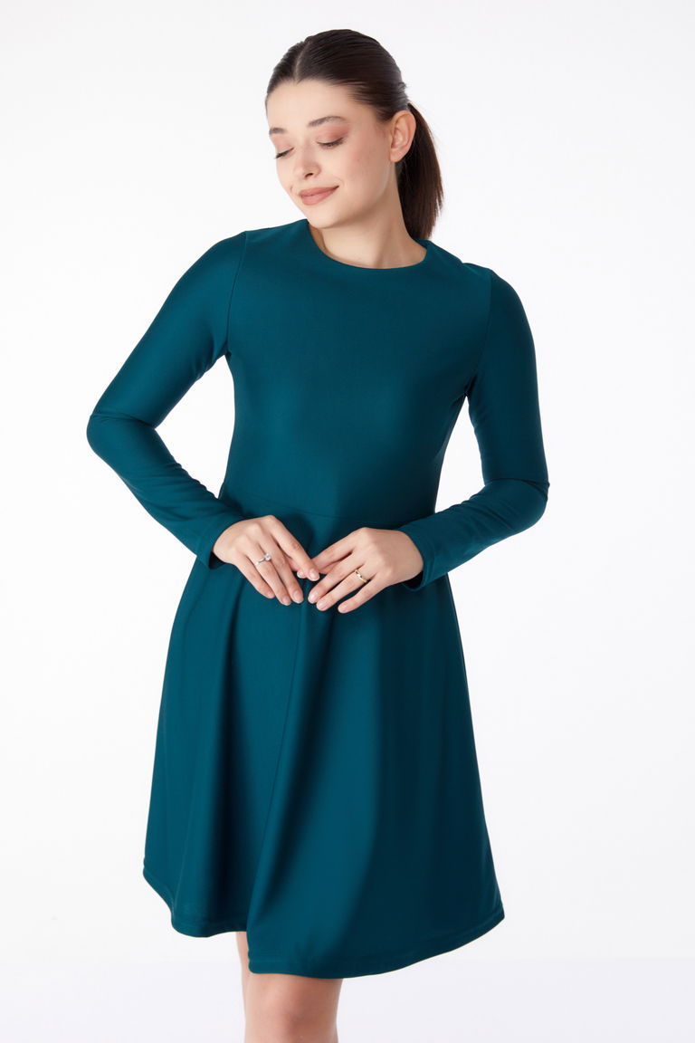 Düz Bisiklet Yaka Kadın Zümrüt Mini Abiye Elbise - 13191 - TOFİSA