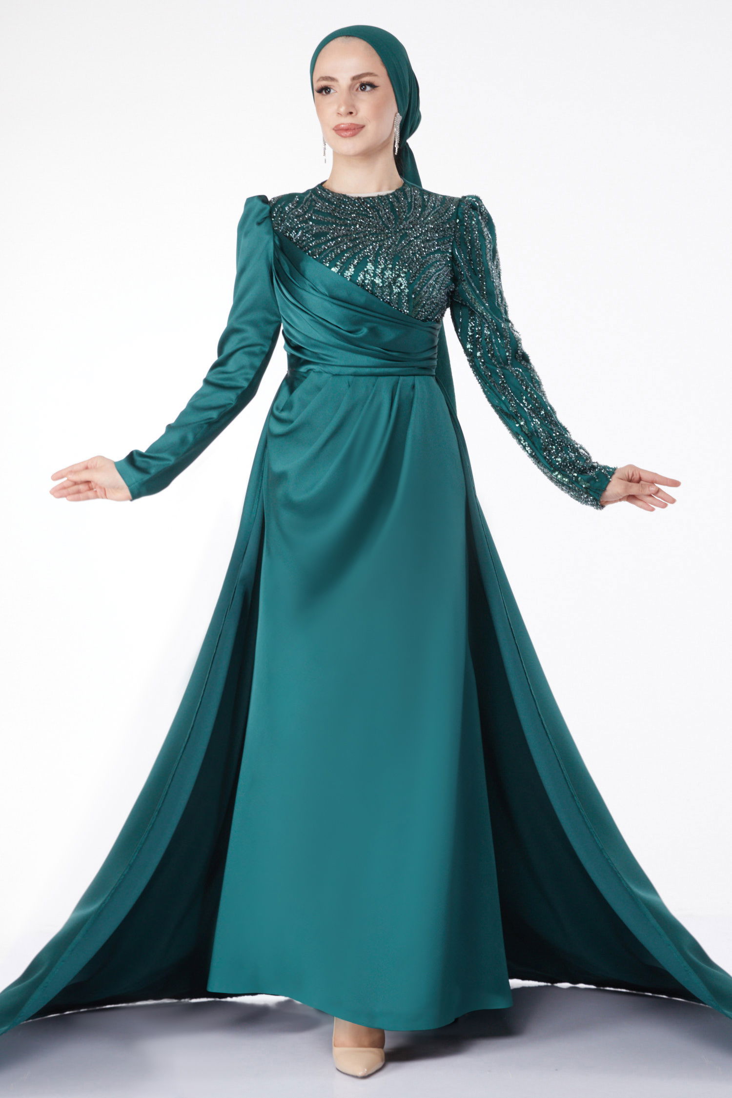 Payetli Arkası Kuyruklu Abiye Elbise Zümrüt - 24884 - 8