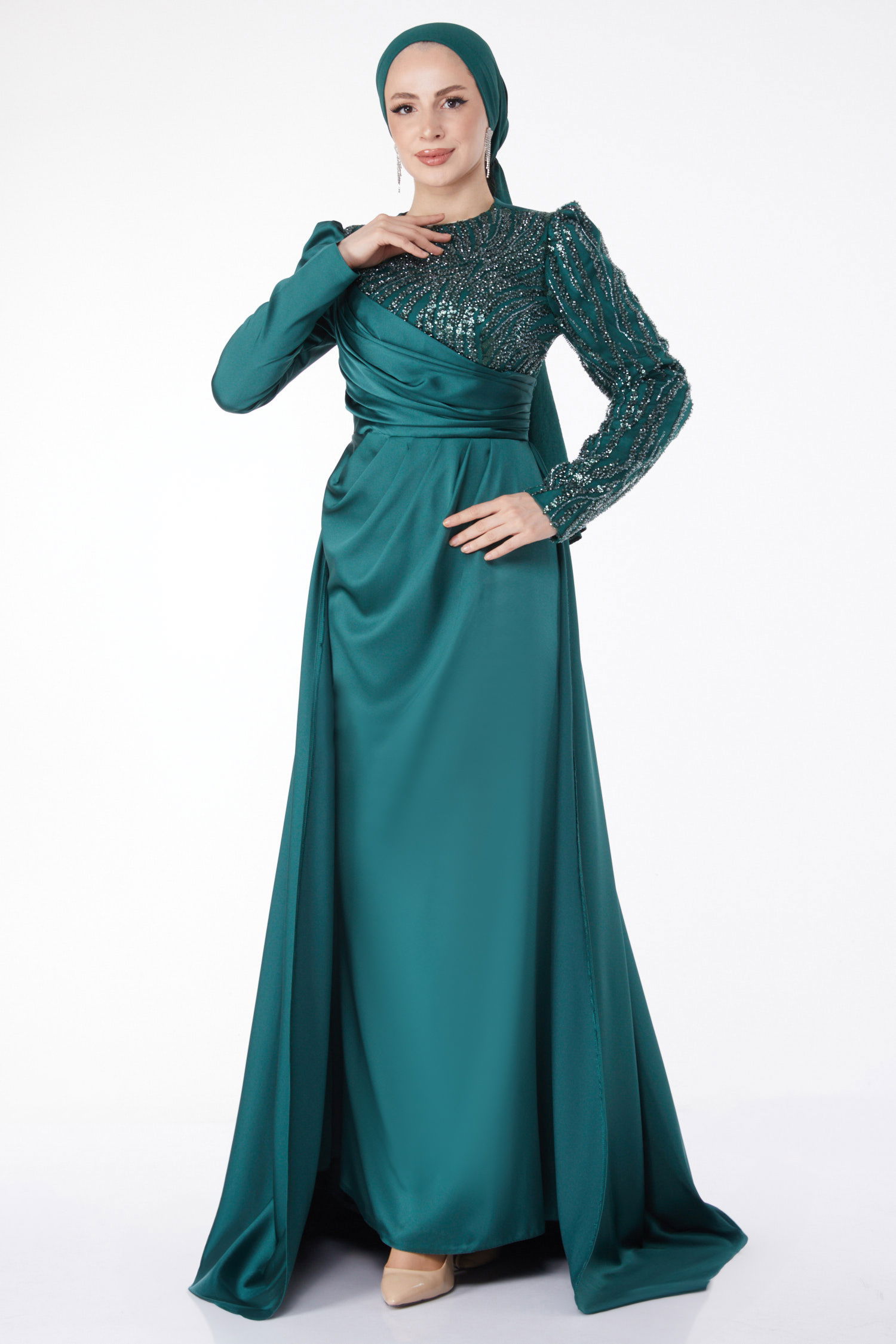 Payetli Arkası Kuyruklu Abiye Elbise Zümrüt - 24884 - 1