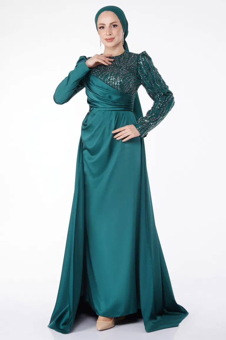 Payetli Arkası Kuyruklu Abiye Elbise Zümrüt - 24884 - TOFİSA
