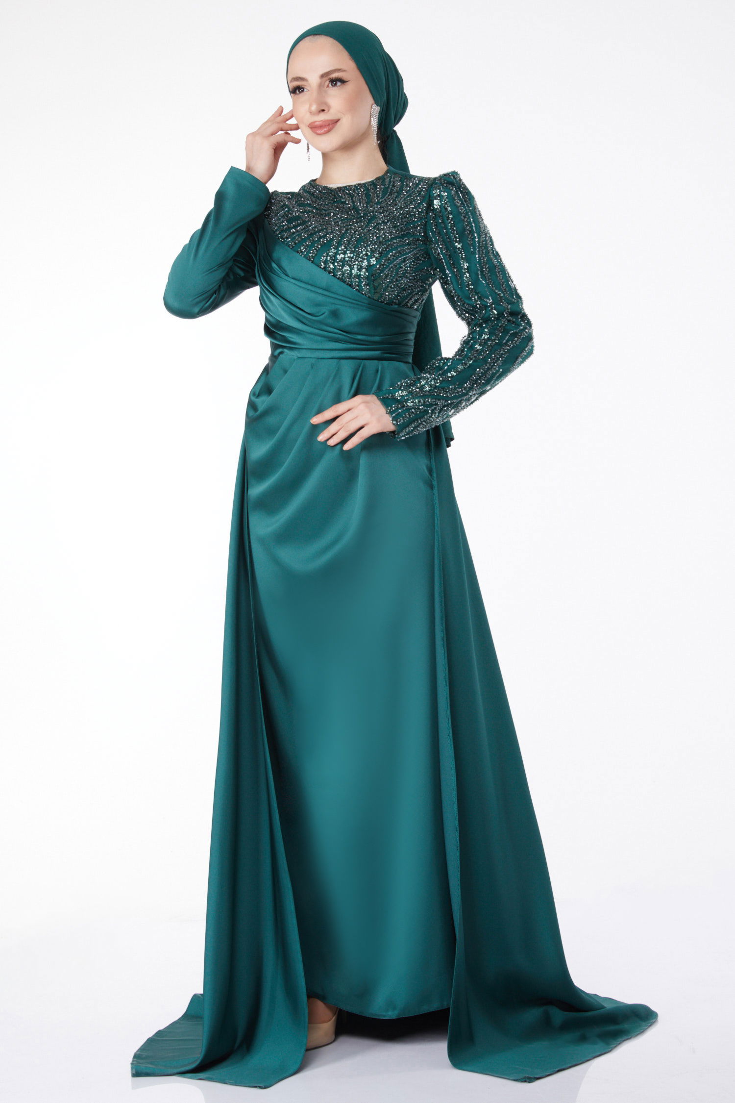 Payetli Arkası Kuyruklu Abiye Elbise Zümrüt - 24884 - 2