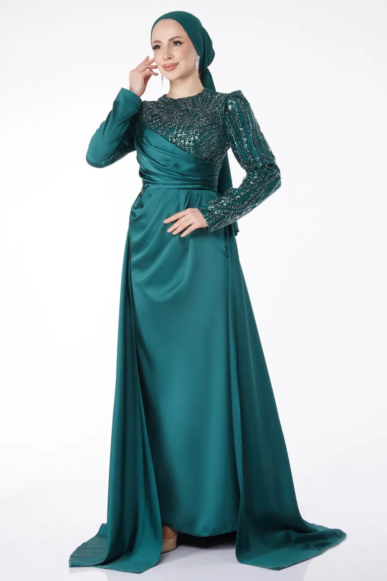 Payetli Arkası Kuyruklu Abiye Elbise Zümrüt - 24884 - TOFİSA