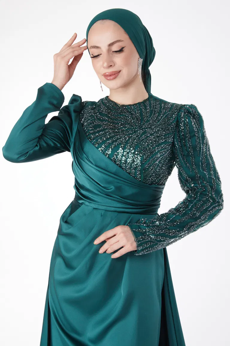 Payetli Arkası Kuyruklu Abiye Elbise Zümrüt - 24884 - TOFİSA