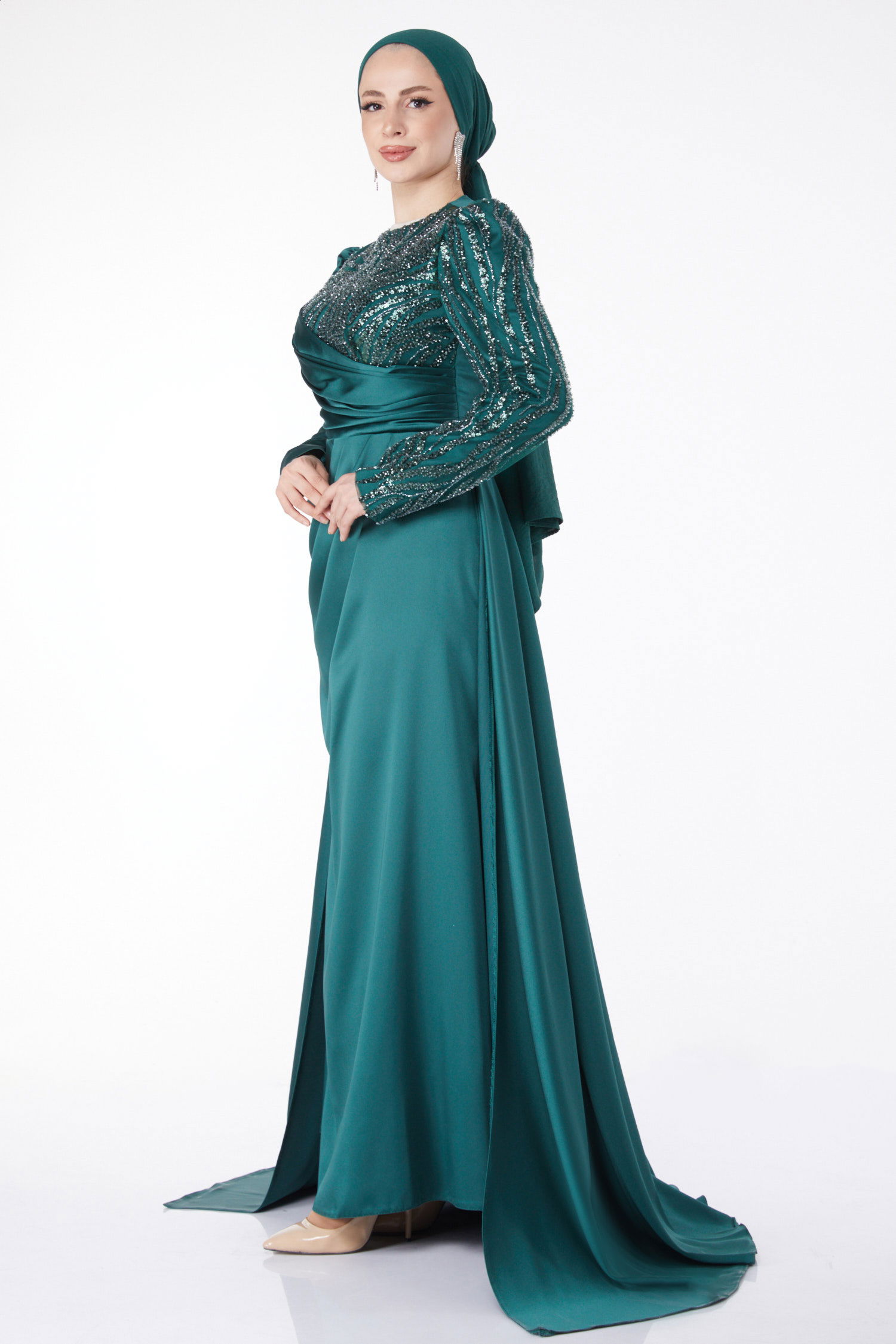 Payetli Arkası Kuyruklu Abiye Elbise Zümrüt - 24884 - 4
