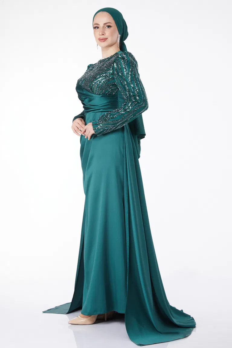 Payetli Arkası Kuyruklu Abiye Elbise Zümrüt - 24884 - TOFİSA