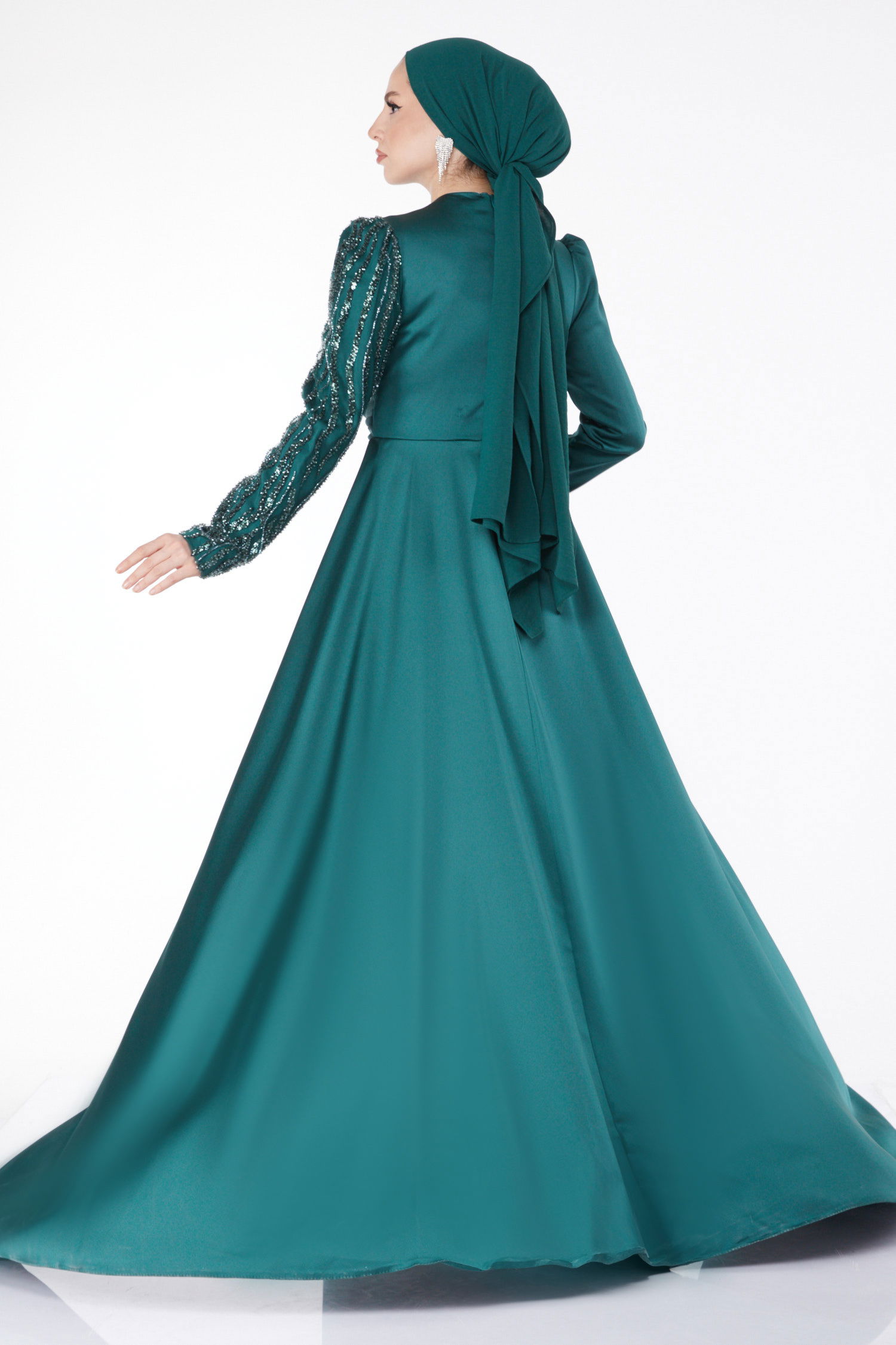 Payetli Arkası Kuyruklu Abiye Elbise Zümrüt - 24884 - 5
