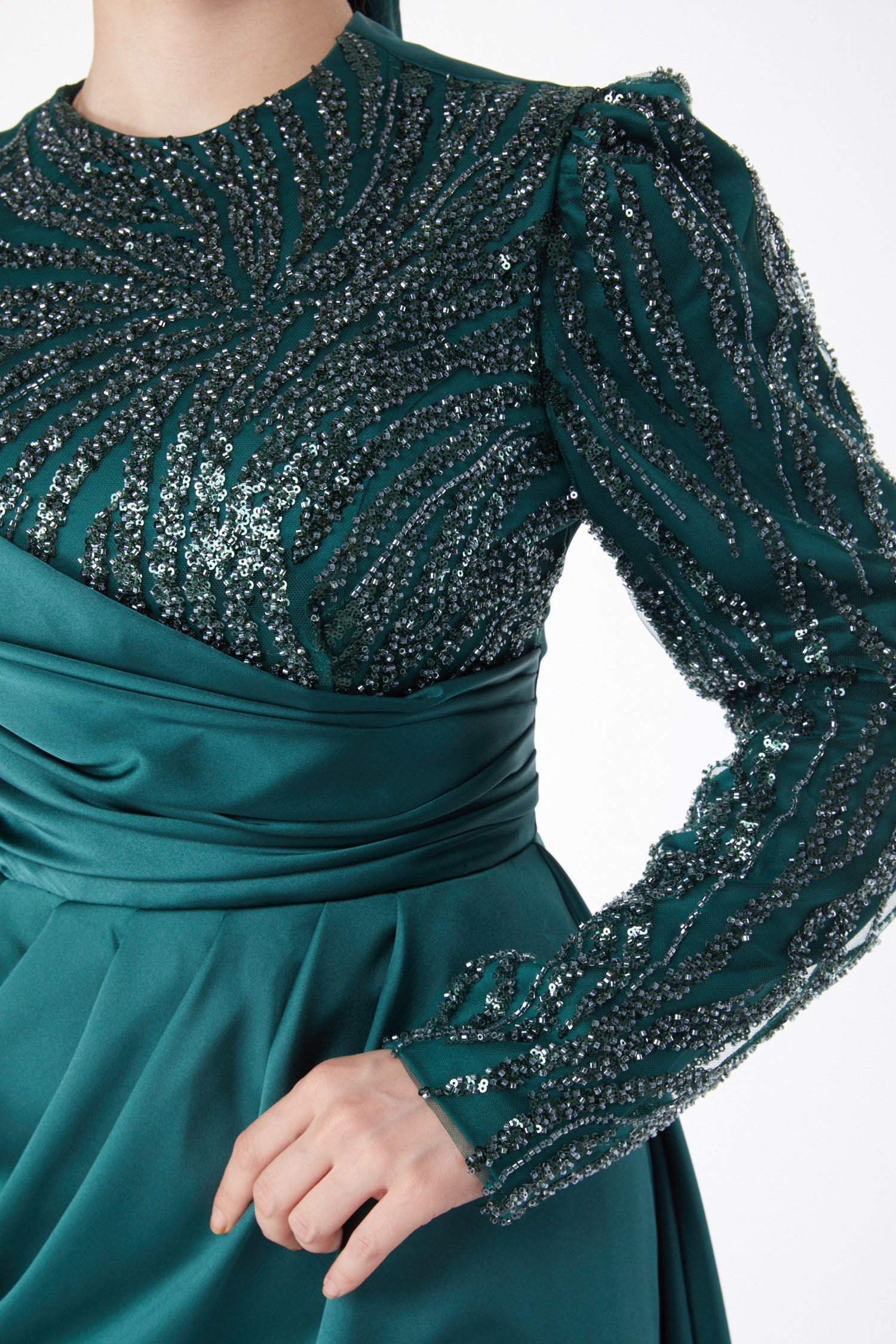 Payetli Arkası Kuyruklu Abiye Elbise Zümrüt - 24884 - 6