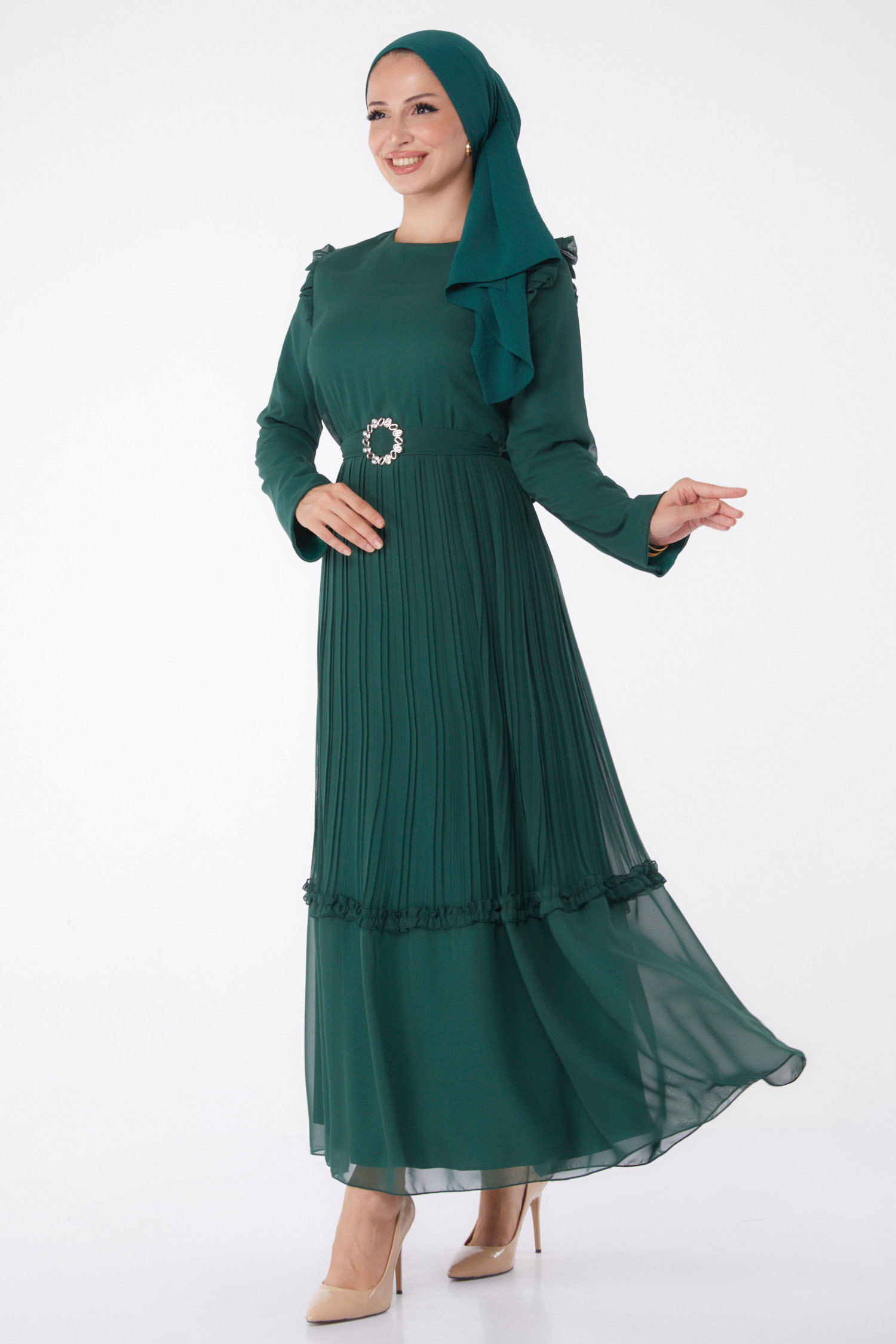 Piliseli Abiye Elbise Zumrut - 26029 - 1