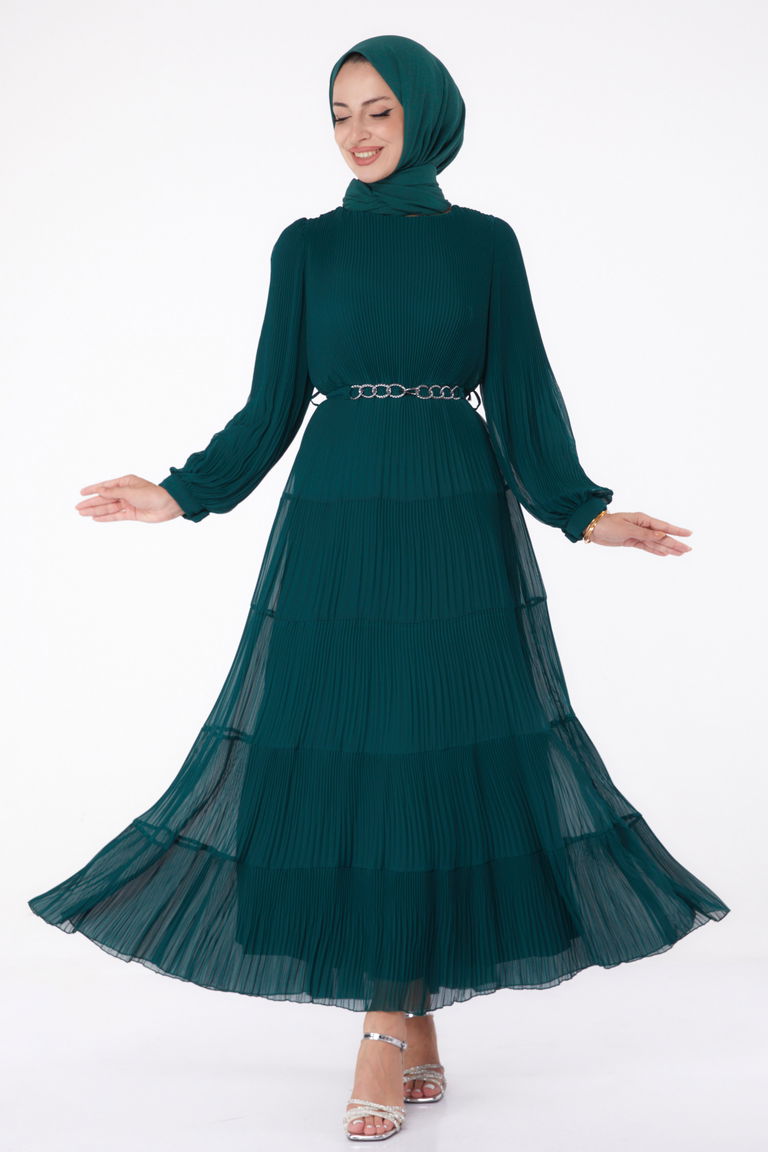 Pliseli Abiye Elbise Zumrut - 26198 - TOFİSA